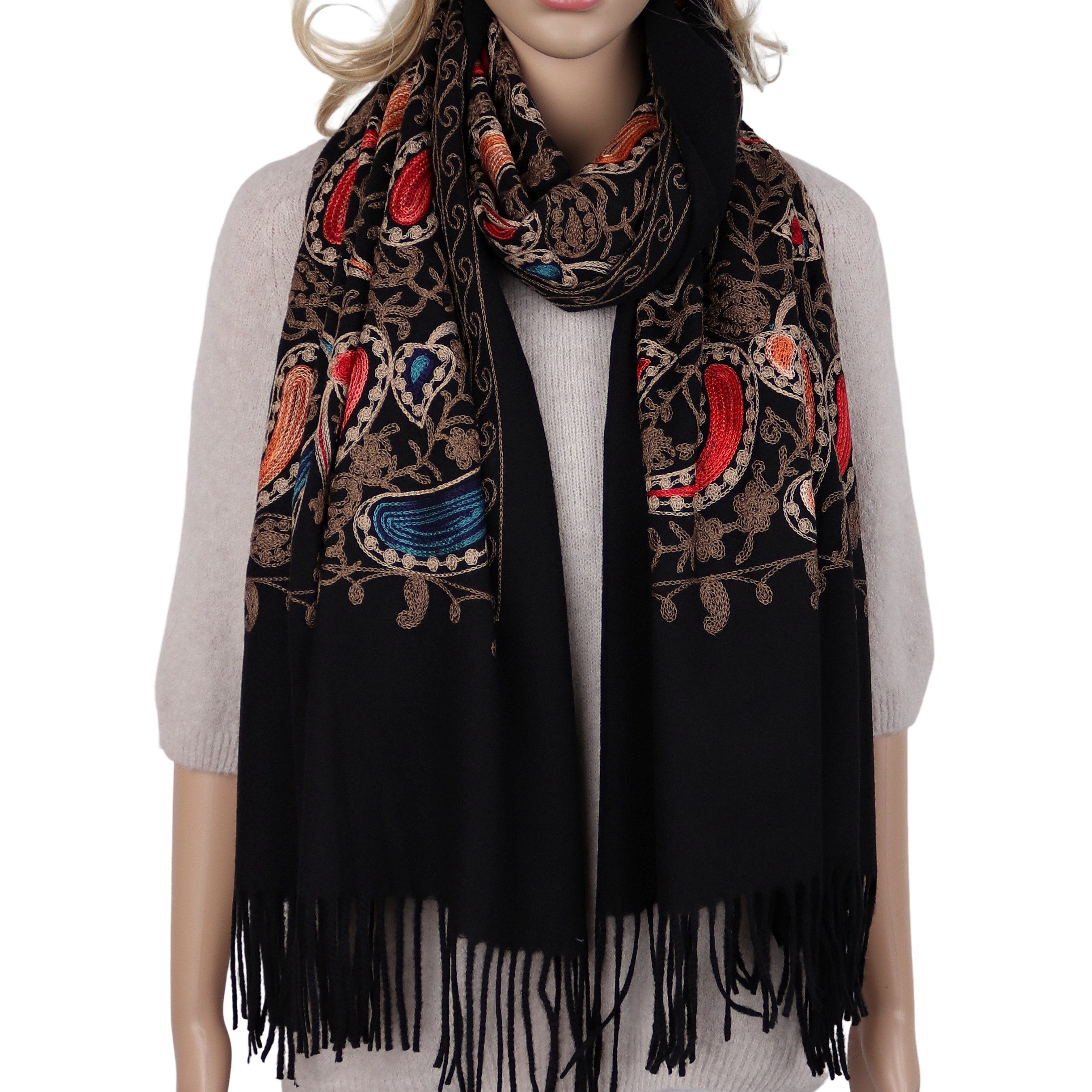 MIRROSI Modeschal Damen Schal 74x180 cm mit Paisley-Stickerei mit Fransen, (Neue Kollektion Herbst/Winter 2026), aus 80% Viskose & 20% Wolle mit Fransen