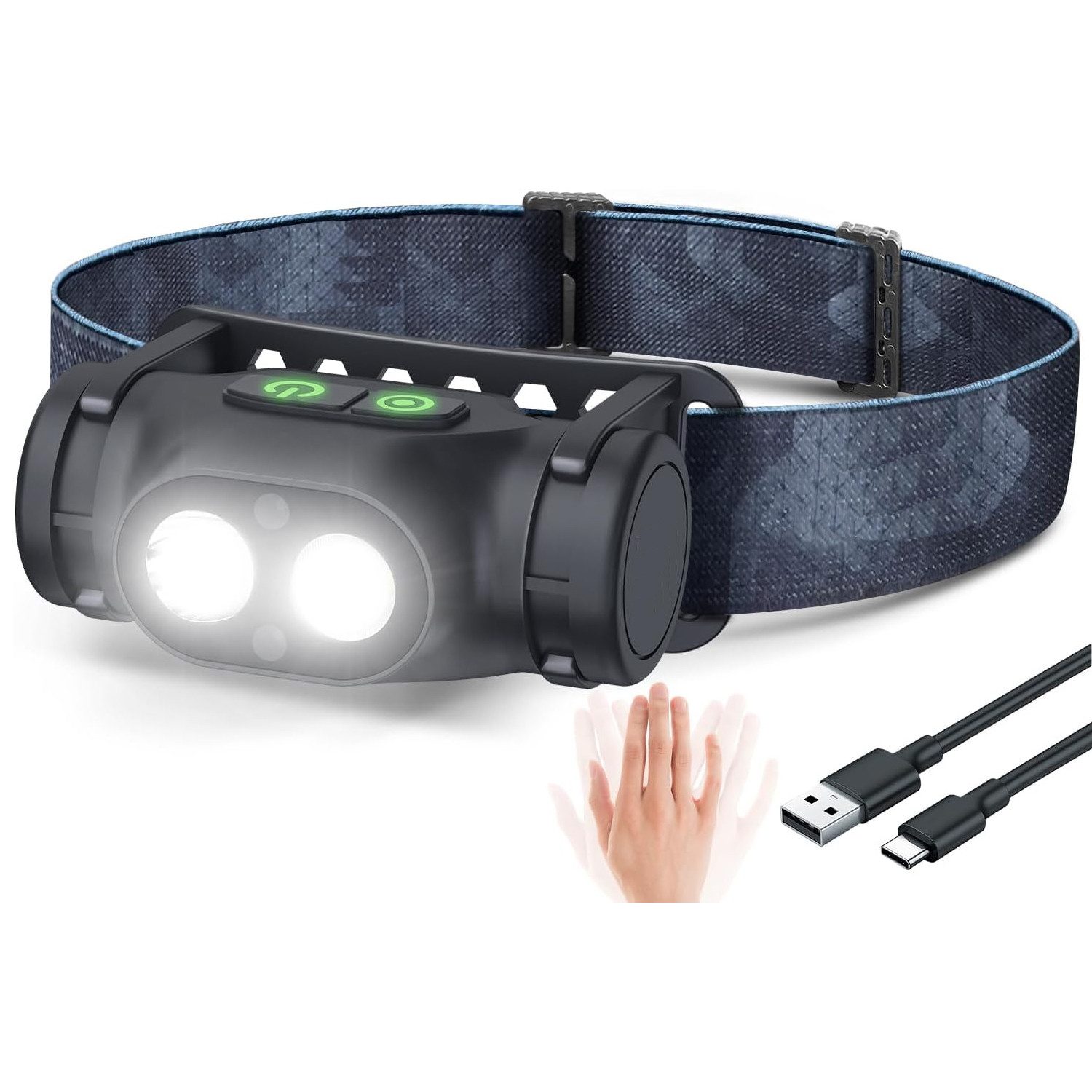 TUWENA LED Stirnlampe Wiederaufladbar Kopflampe Aufladbar Dimmbar 3 Lichtmodi Sensor Magnet (1-St), Wasserdicht Stirnleuchte LED für Wandern Angeln USB-C