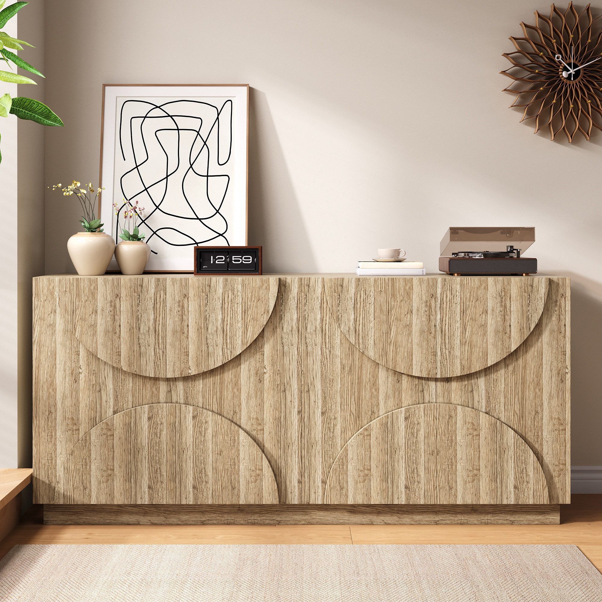 Merax Sideboard mit 4 Türen und flexiblen Einlegeböden (1 St., Anrichte mit Rebounder), Aufbewahrungsschrank Kommode in natürlicher Holzmaserung, 160x40x80cm – Bild 4 von 5