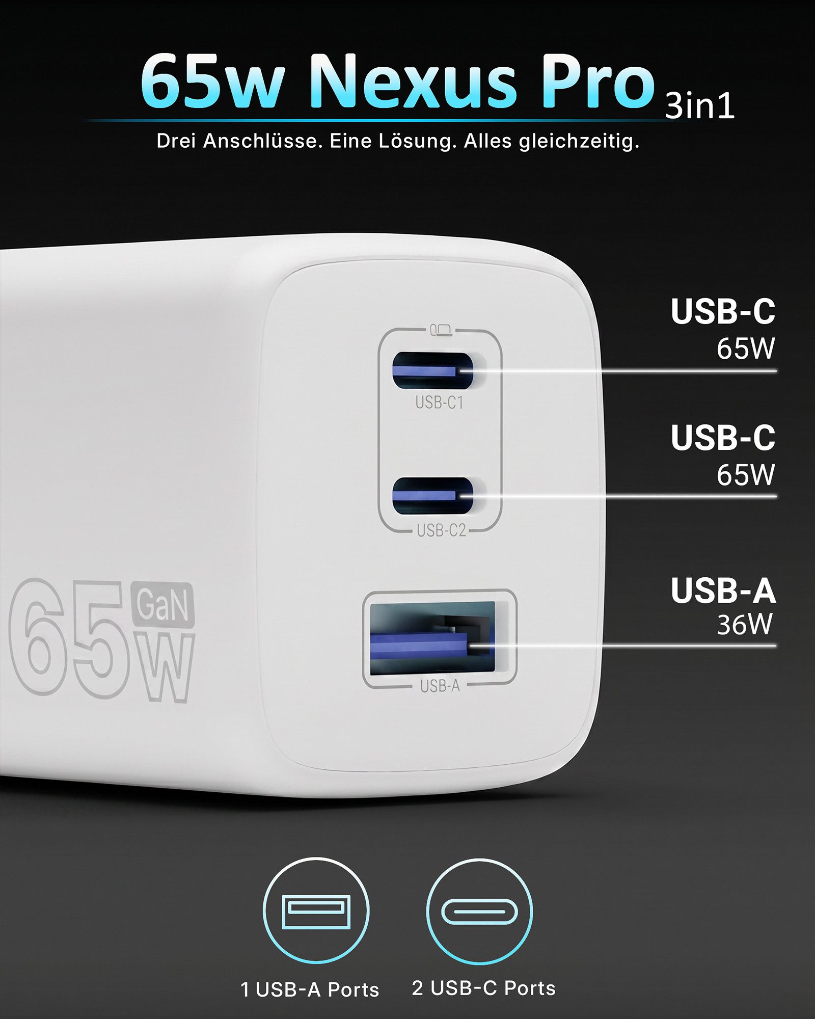 GreenHec 65w USB-C Ladegerät Mehrfach GAN Mehrfachstecker USB-A Charger Schnelllade-Gerät (50 mA, Spar-Set, Universelle Kompatibilität, 3 fach Netzteil Adapter  – Bild 5 von 5