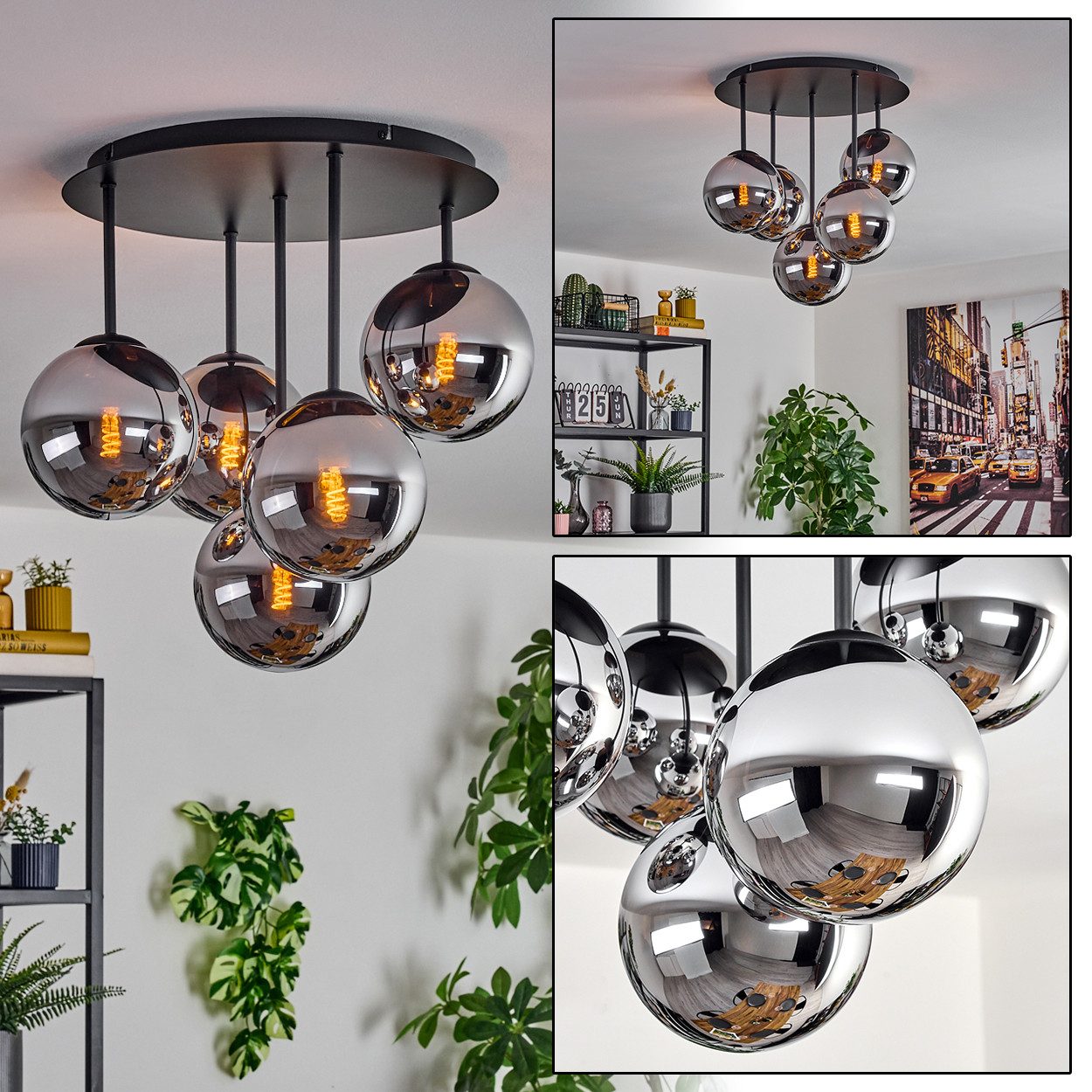 hofstein Deckenleuchte 5-flammige Deckenlampe aus Metall/Glas in Schwarz/Chrom-/Rauchfarben, ohne Leuchtmittel, im Retro/Vintage-Design (Schirme Ø 15 cm), E14