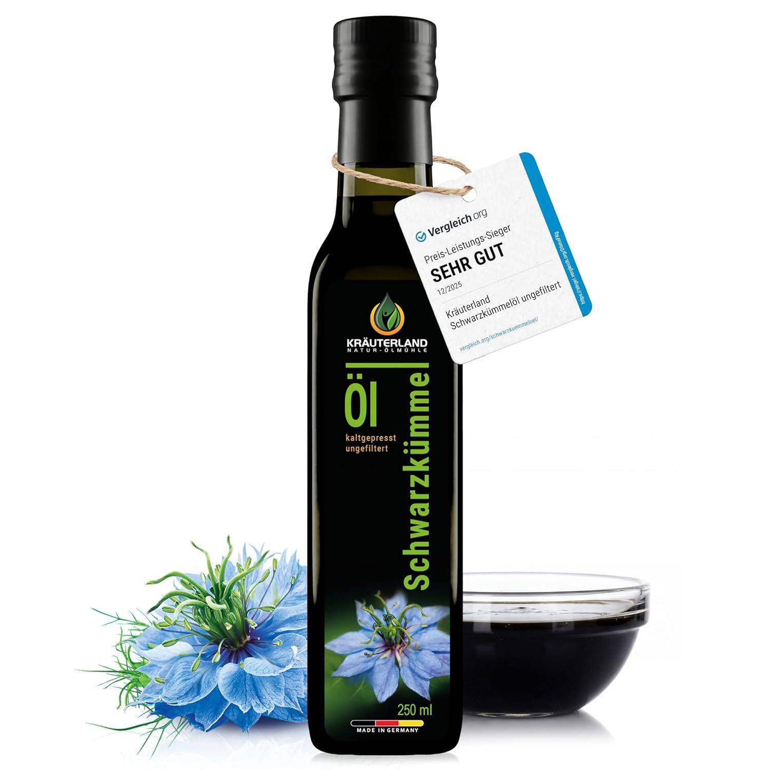 KRÄUTERLAND N A T U R - Ö L M Ü H L E Kräuterland Schwarzkümmelöl, Kaltgepresst, ungefiltert & naturrein Öl, 1 er 250 ml à 1 St., 250 ml, Omega 3-6-9, ohne Zusatz von Aromen & Konservierungsstoffe