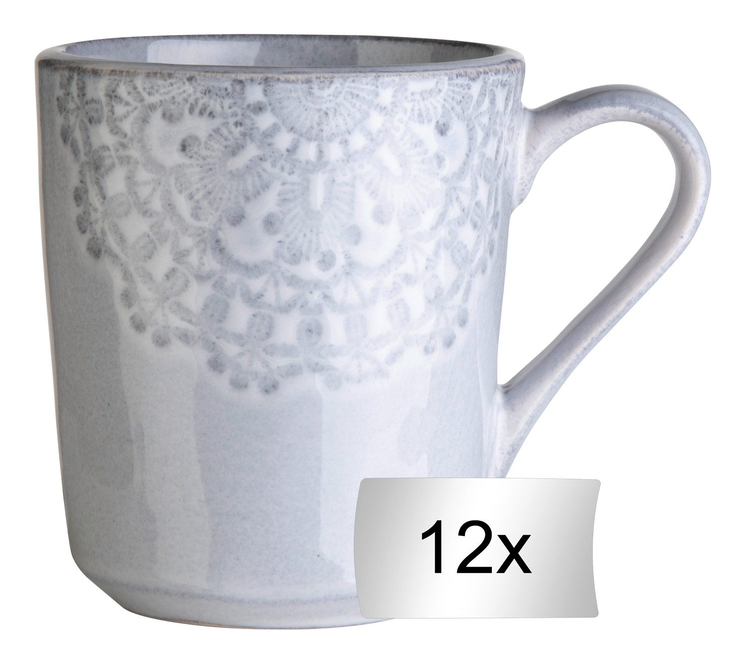 Home4You Becher 12er Set, 355 ml, Hellgrau, mit floraler Prägung, Steingut, glasiert, spülmaschinengeeignet