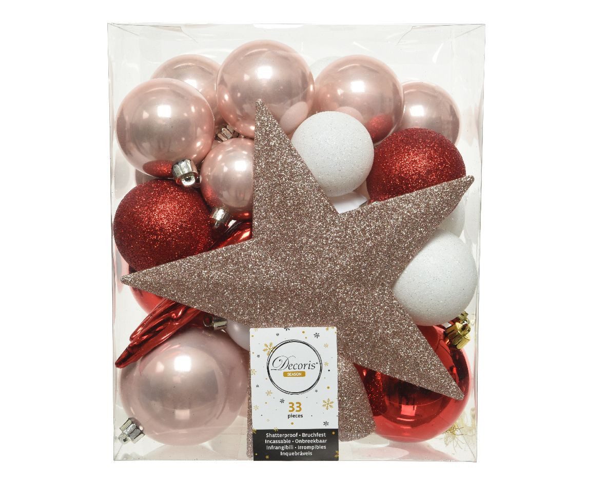 Kaemingk Weihnachtsbaumkugel, Weihnachtskugeln mit Christbaumstern Kunststoff 33er Set - Rosa - Rot