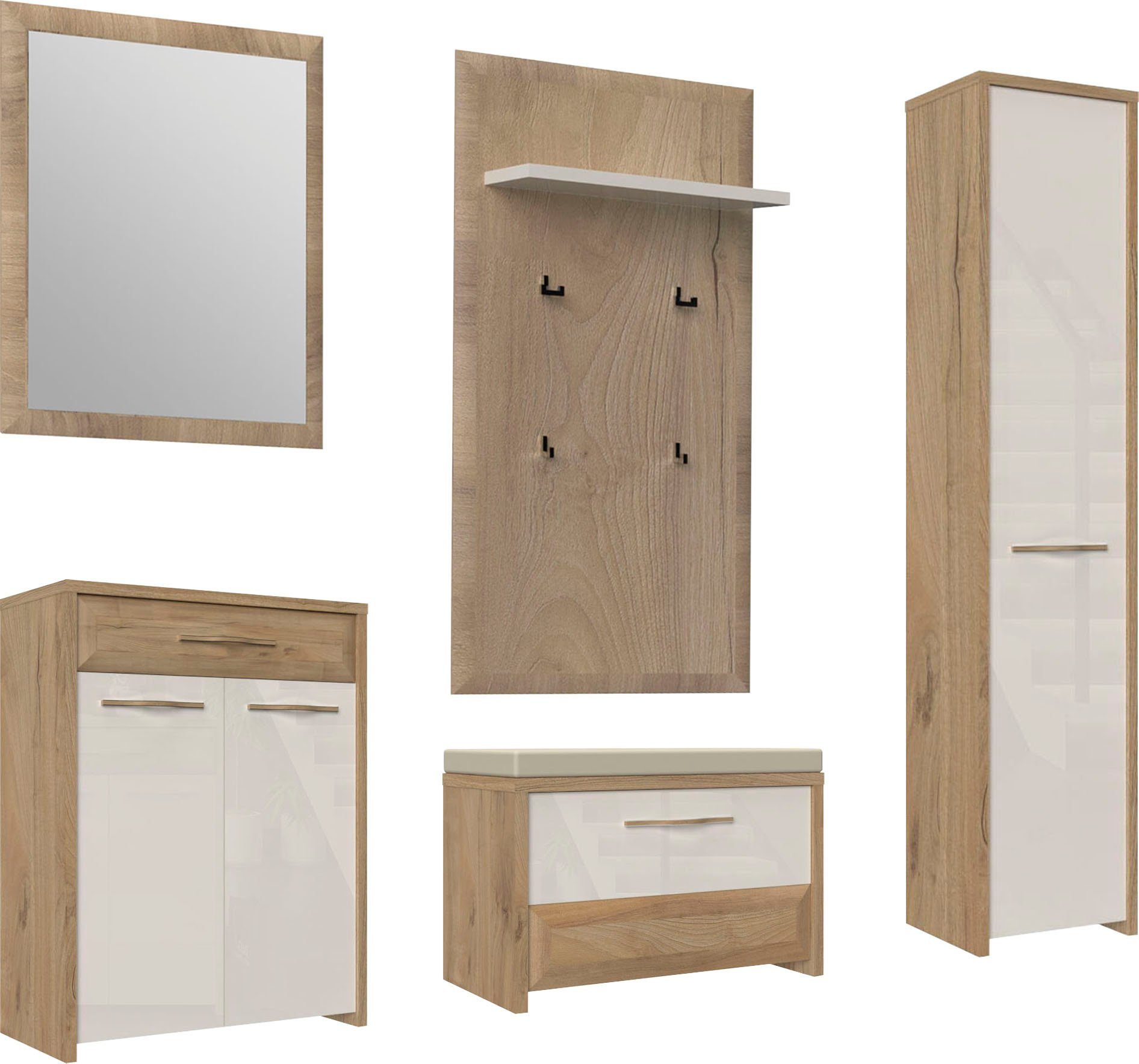 OTTO home Garderoben-Set Gala, (Set, 5-St., Garderobenschrank,Schuhschrank,Schuhbank,Garderobenpaneel,Wandspiegel), Soft-Close Funktion, Hochglanz UV lackiert