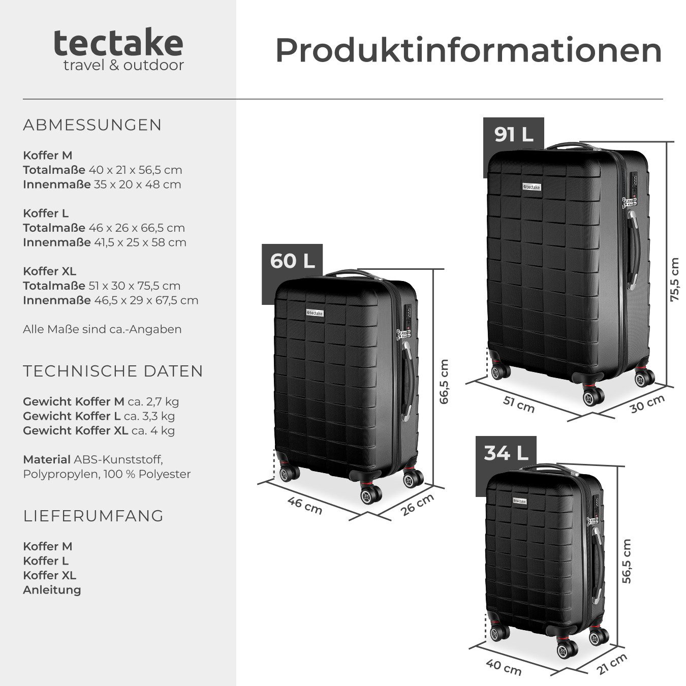 tectake Trolley Hartschalenkoffer-Set, 4 Rollen, 3-teilig, aus robustem ABS-Kunststoff