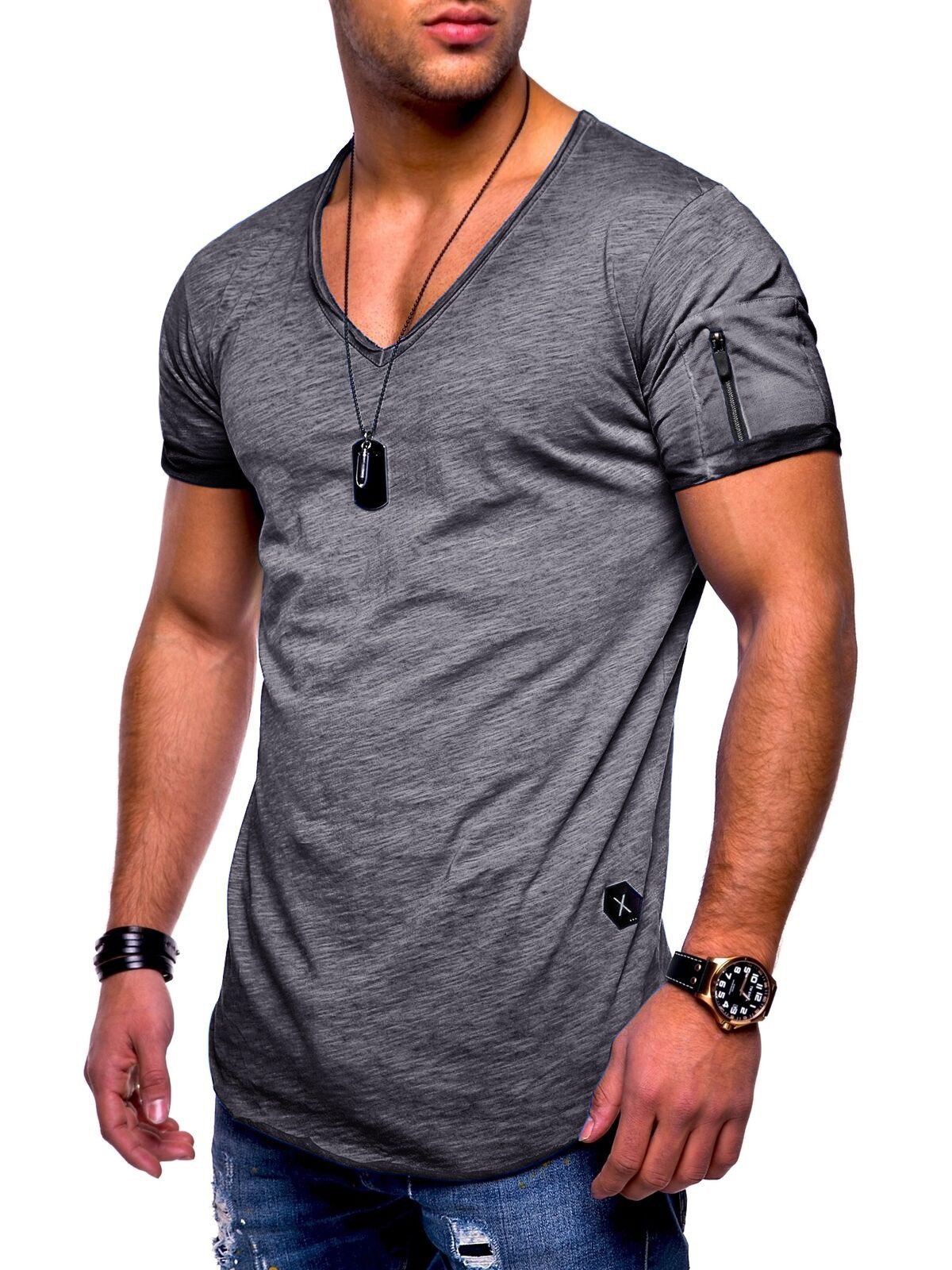 SOULSTAR T-Shirt BHKNINW Herren Basic Kurzarm V-Neck Oversized Shirt V-Ausschnitt Zipper