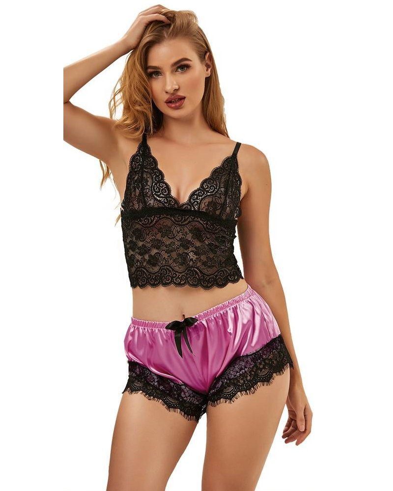 Set: Bralette-BH Spitze Frauen Schlafanzug Satin Pyjama Set zweiteilig Nachtwäsche S/XL