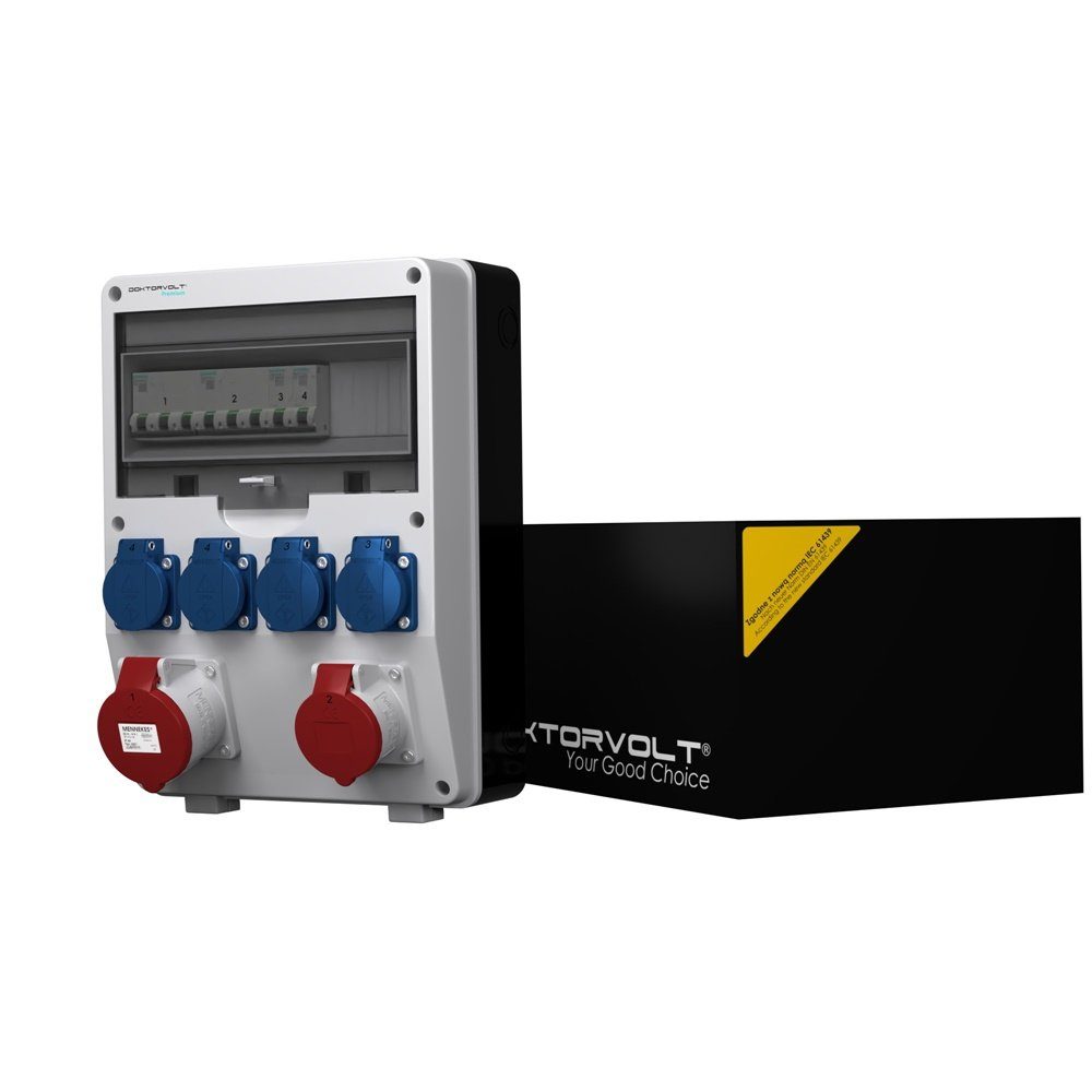 Doktorvolt Stromverteiler pTD-S 32A 16A 4x230V SIEMENS mit Mennekes Dosen Steckdosenverteiler (1 LSS x C16 3P 10kA SIEMENS, 2 x LSS C16 1P 10kA SIEMENS, 1x LSS C32 3P 6kA SIEMENS), ausgestattet mit Mennekes-Steckdosen