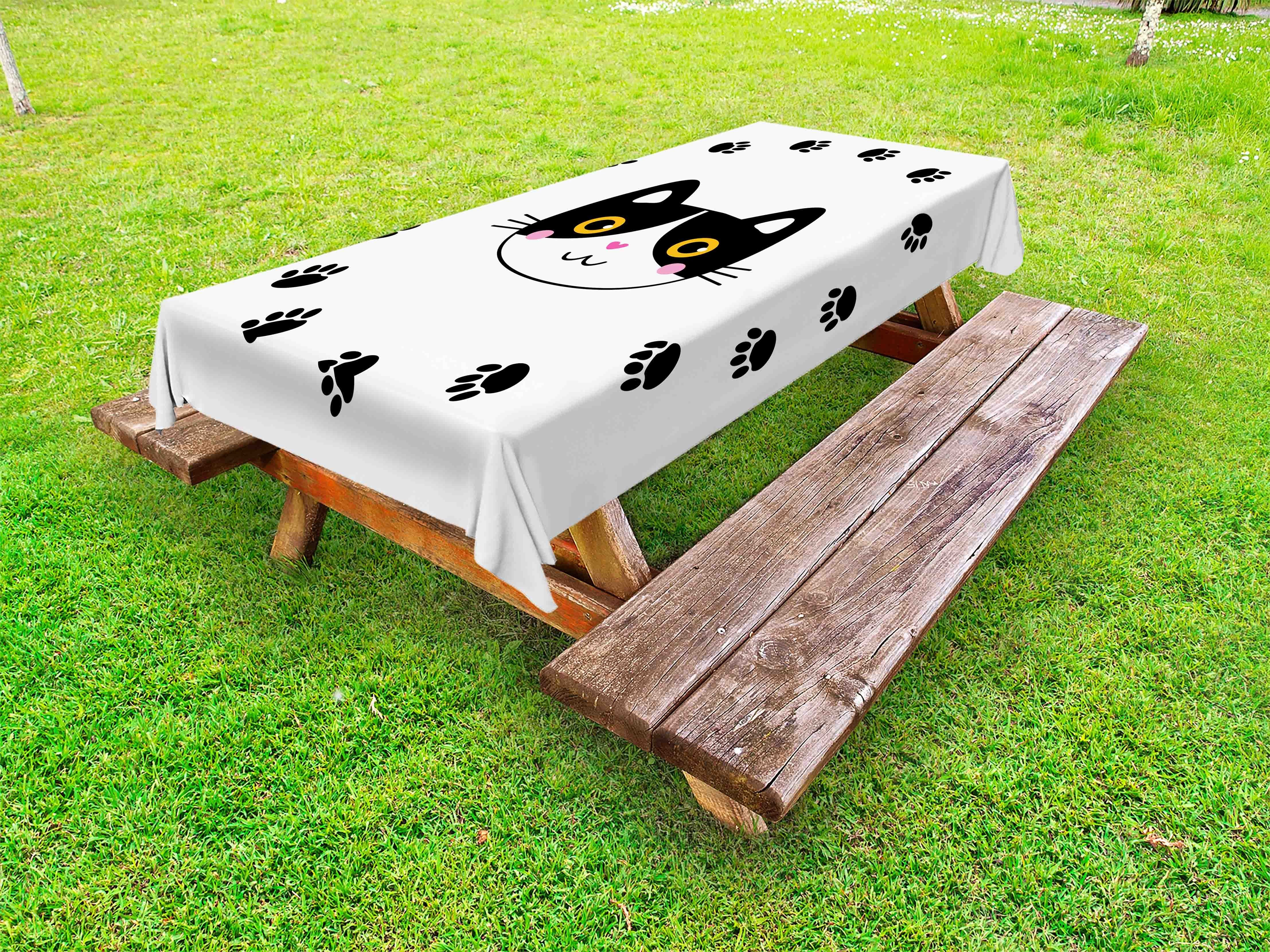 Abakuhaus Tischdecke dekorative waschbare Picknick-Tischdecke, Pfotenabdruck Happy Cat Kopf in Runde