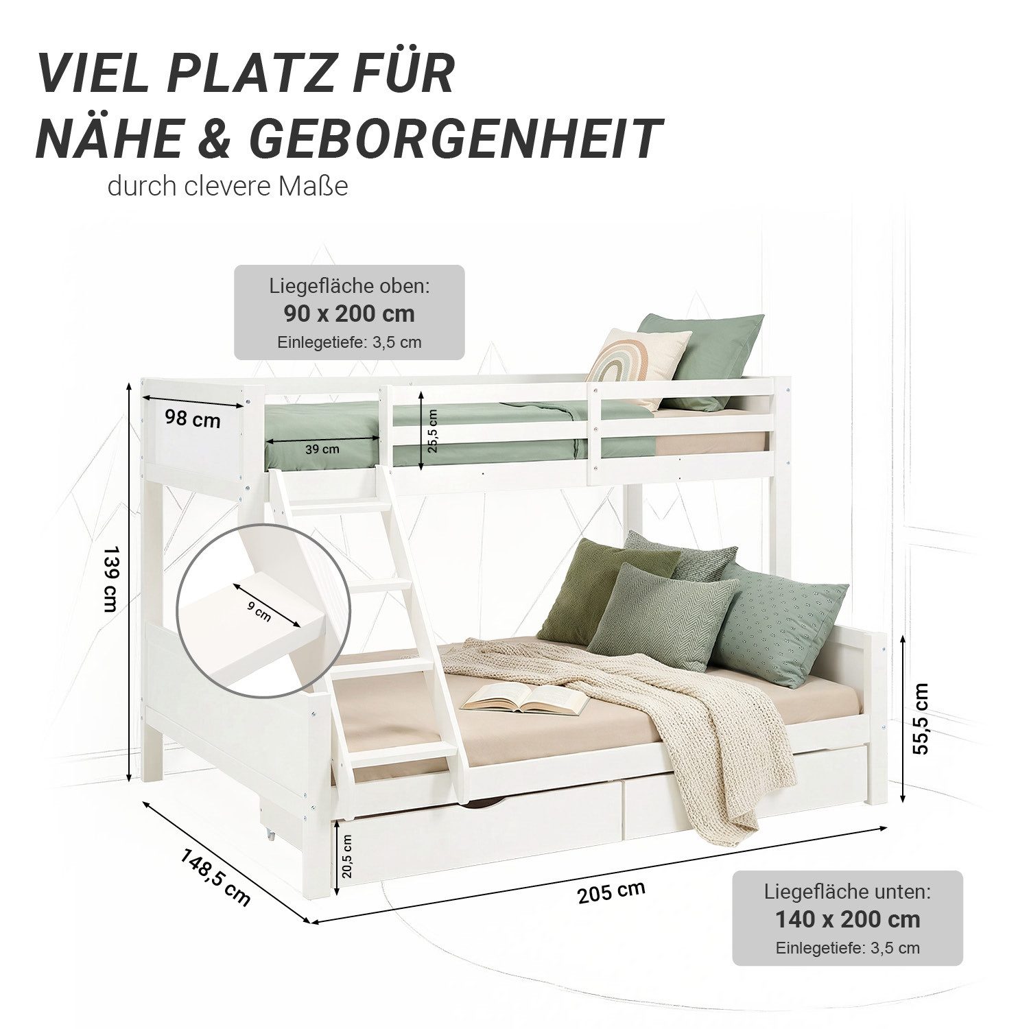 Homestyle4u Etagenbett Hochbett Kinder 90x200 &140x200 Massivholz inkl. 2 L günstig online kaufen