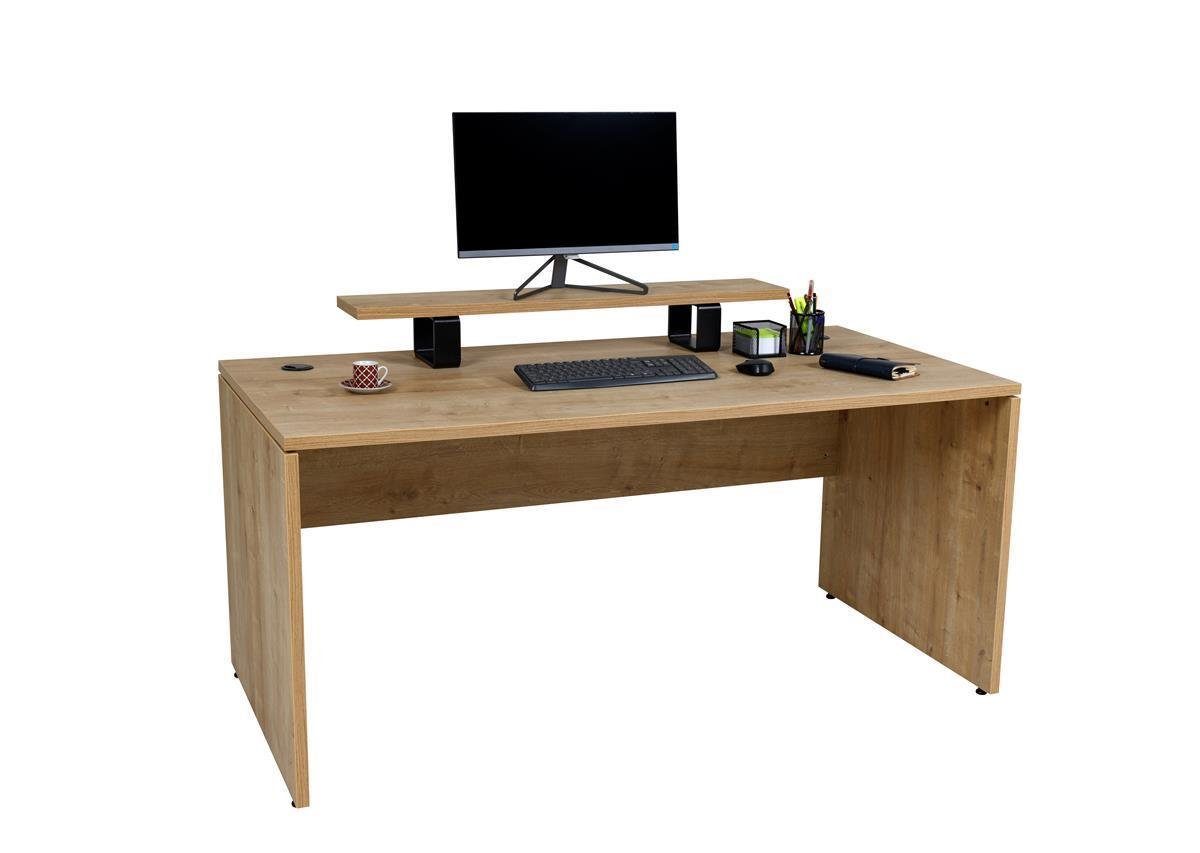 Furni24 Schreibtisch Schreibtisch Nuvi, 180 cm, Eiche inkl. Kabelkanal und Monitorständer