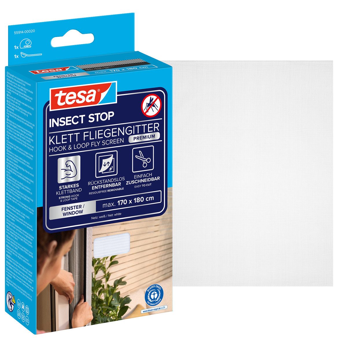 tesa Fliegengitter-Gewebe Premium für Fenster, Insektenschutz mit Klettband - 170x180 cm, (Packung, 1-St., Fliegennetz, Klettband, Andrück und Schneidehilfe), mit starkem Klettband, rückstandsfrei entfernbar, zuschneidbar