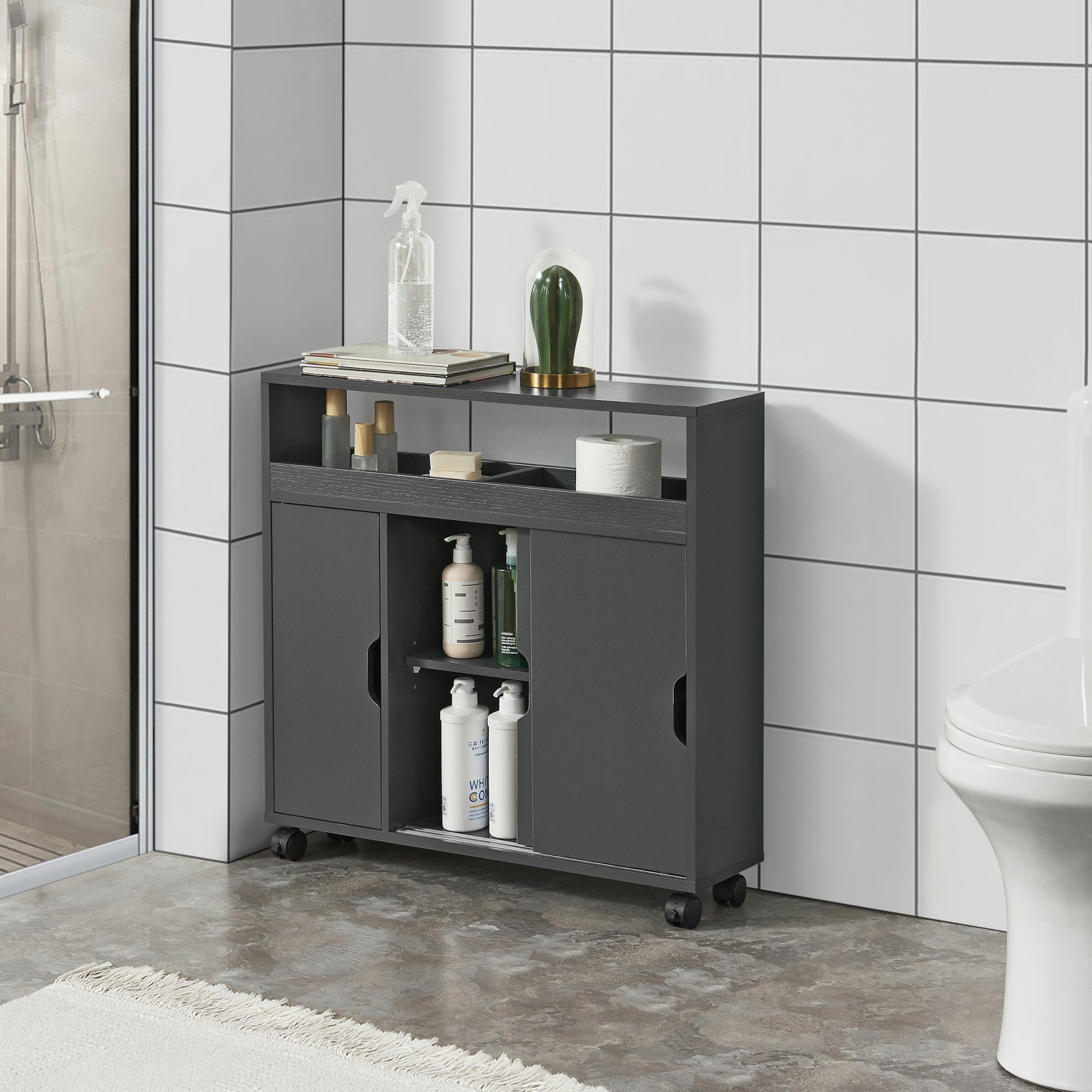 en.casa Badkommode, »Lumijoki« Badezimmerschrank Mehrzweckschrank mit Rollen Dunkelgrau