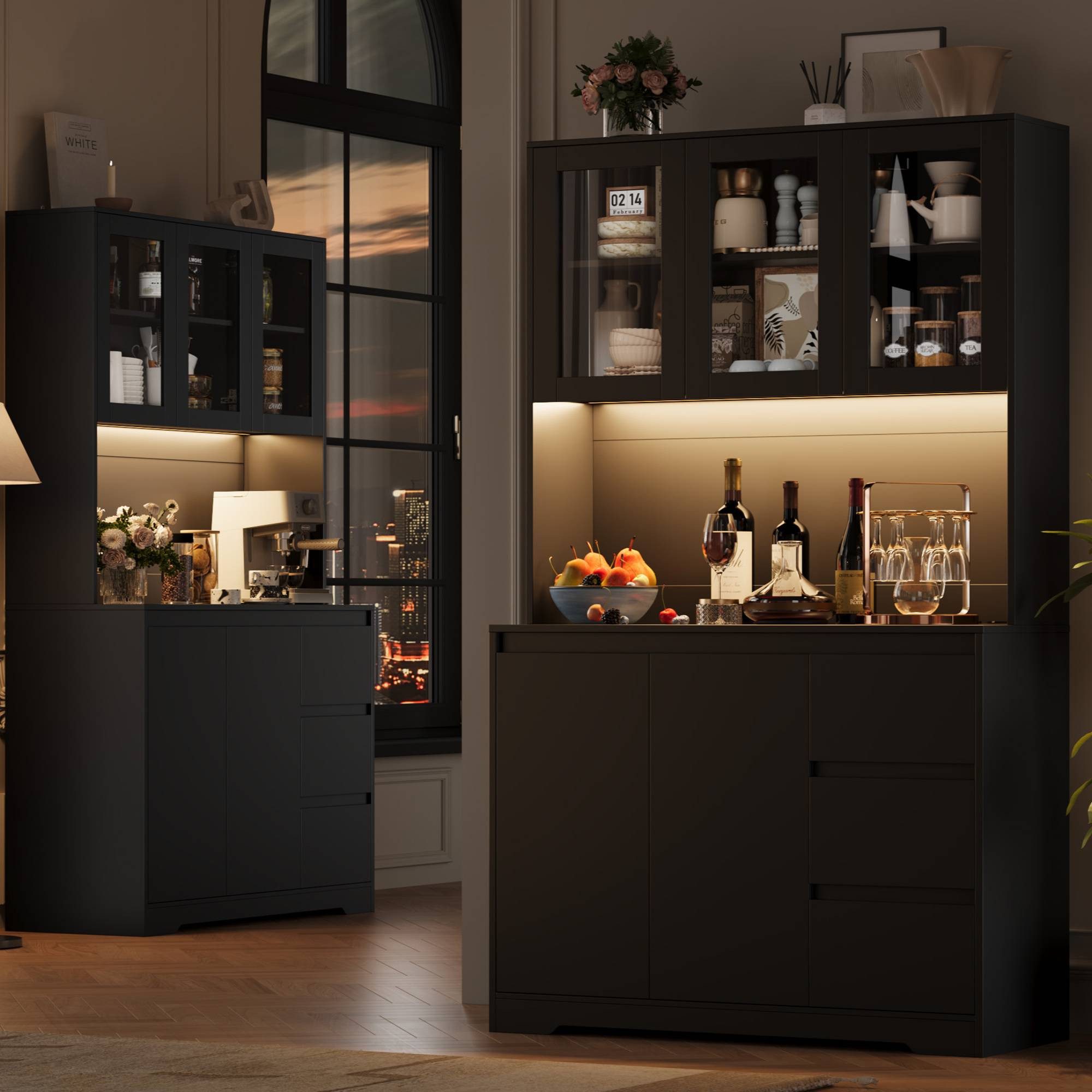 Homfa Küchenbuffet Küchenschrank Buffetschrank mit LED Sideboard schwarz mit Steckdosenleiste & Arbeitsplatte 180x100x38,5cm