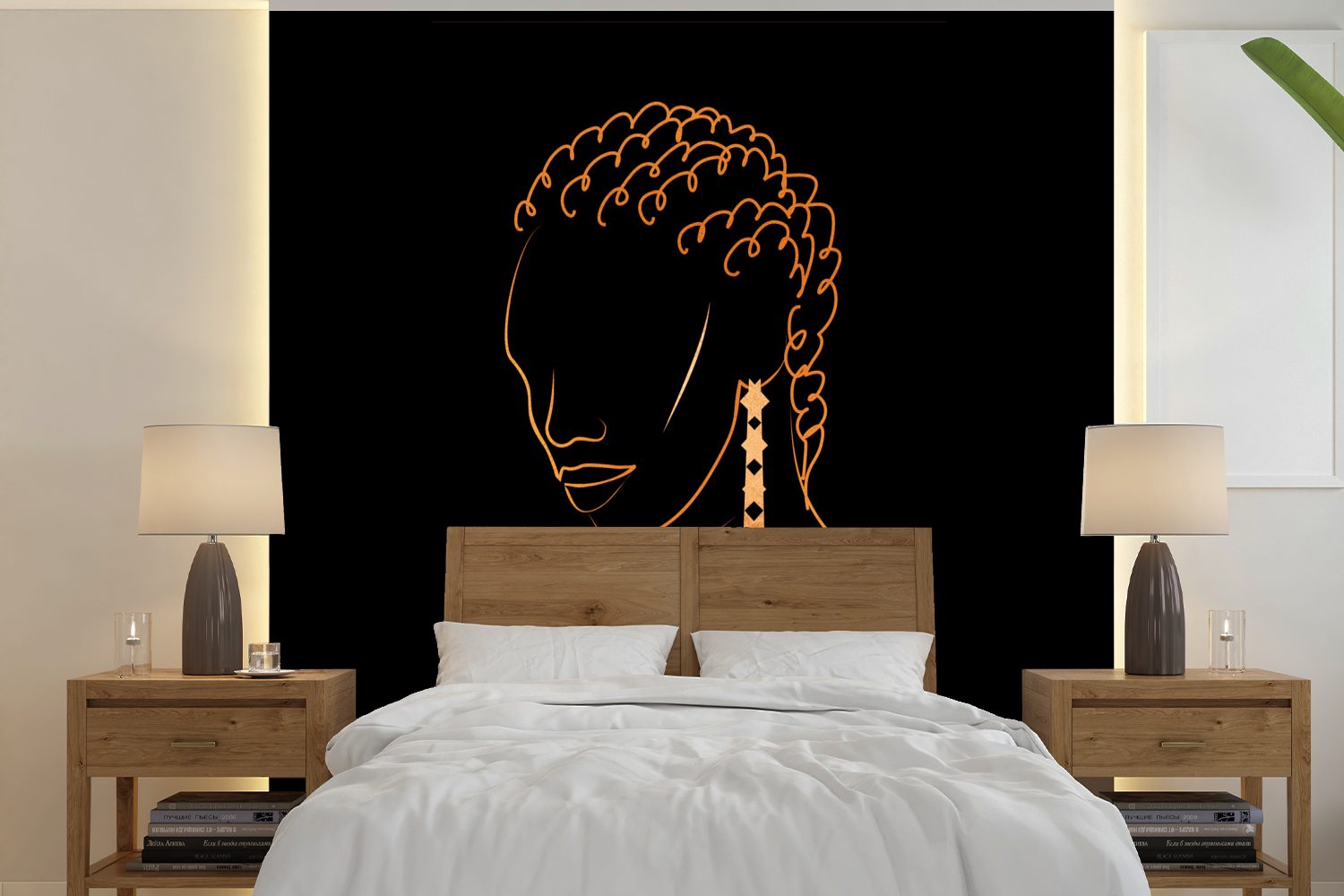 MuchoWow Fototapete Frau - Ohrringe - Linienkunst - Gold, Matt, bedruckt, (5 St), Vinyl Tapete für Wohnzimmer oder Schlafzimmer, Wandtapete