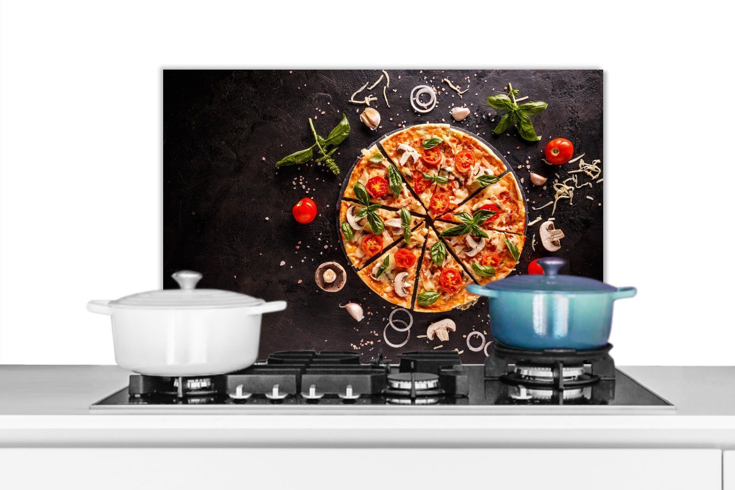 MuchoWow Küchenrückwand Pizza - Gemüse - Kräuter - Küche - Industrie, (1-tlg), 60x40 cm, Herdblende aus Wandschutz, Temperaturbeständig küchen