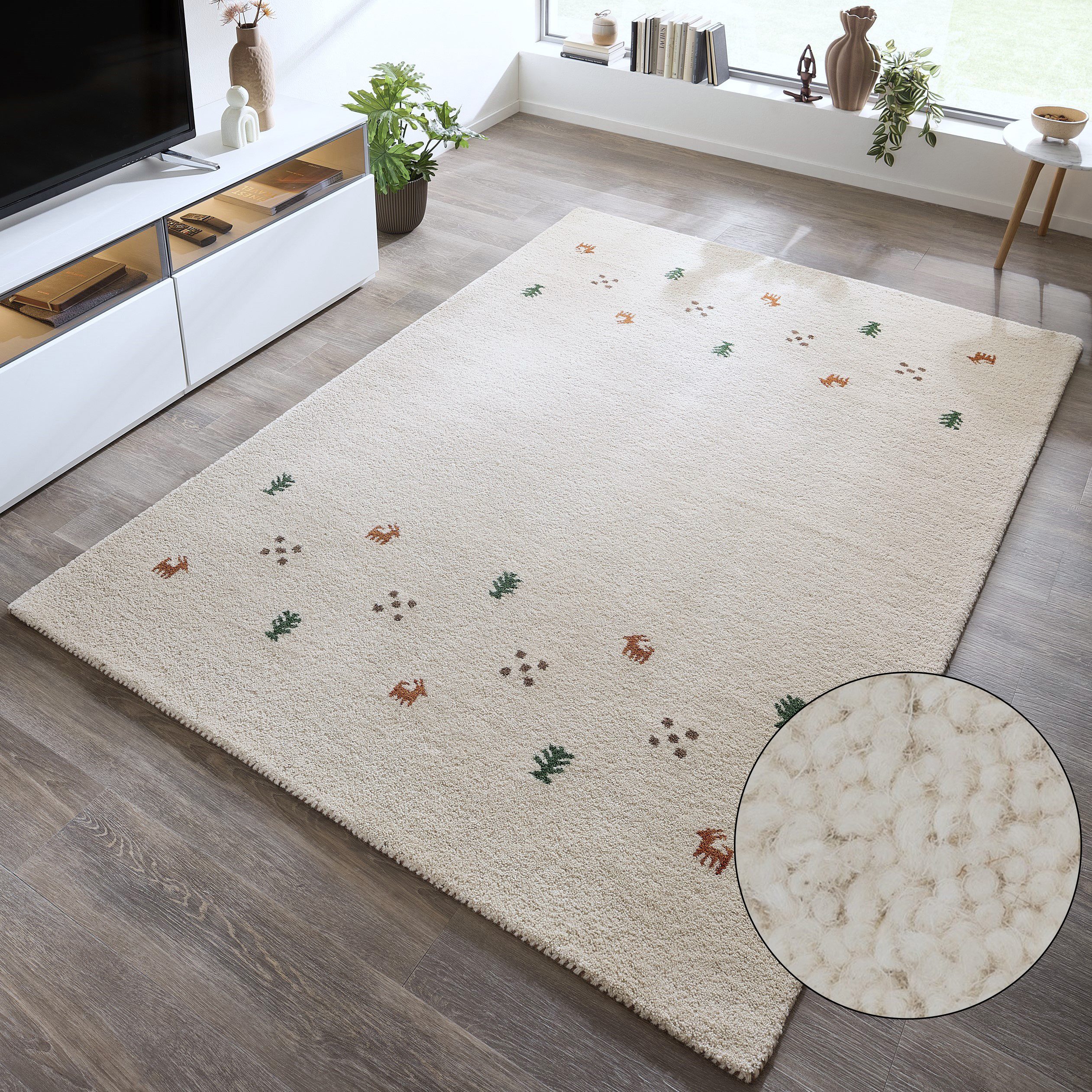 THEKO Wollteppich Gabbeh Motiv, Handgefertigt, Teppich, Tiermotiv, reine Wolle, rechteckig, Höhe: 14 mm, reine Wolle, Wohnzimmer, Schlafzimmer, Esszimmer