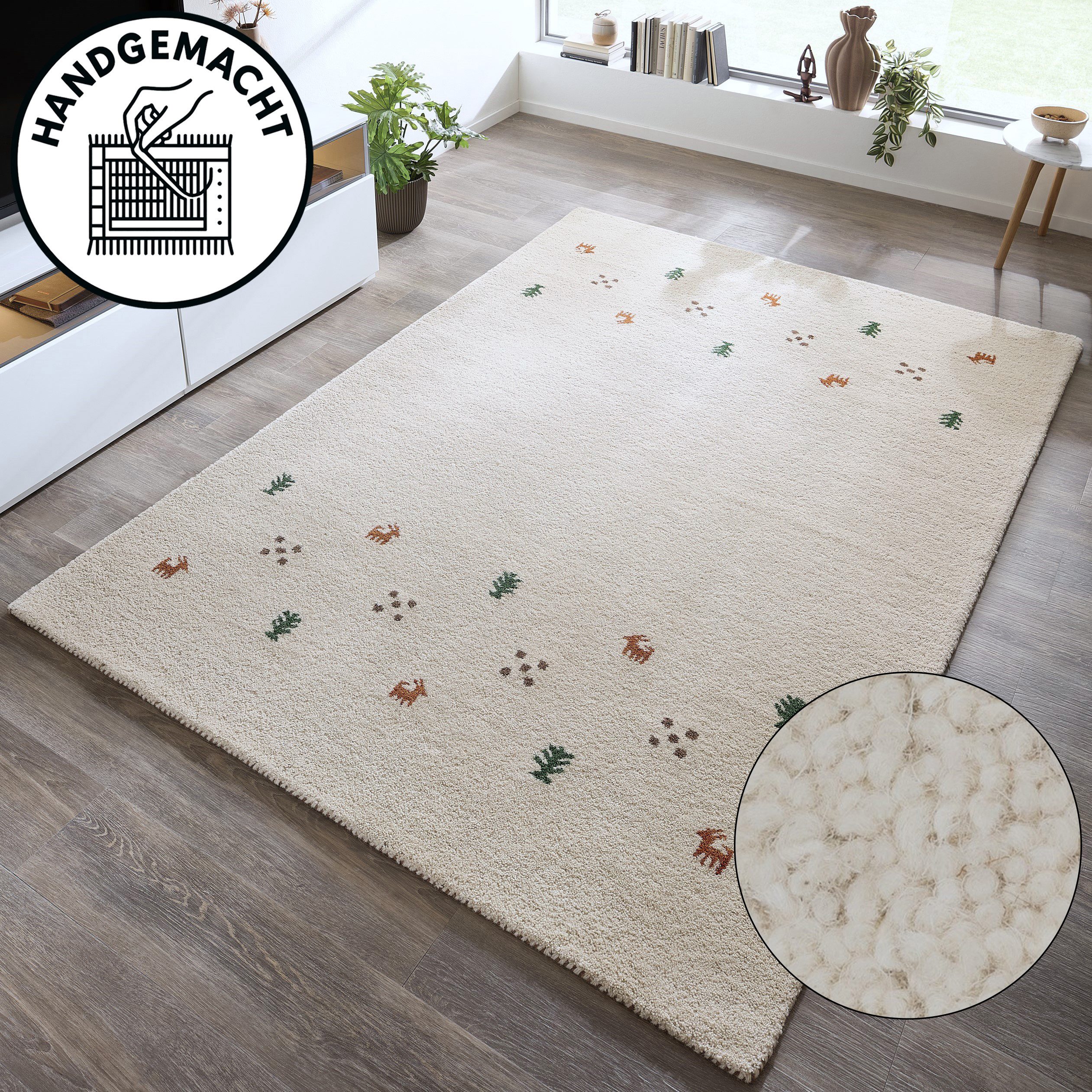 THEKO Wollteppich Gabbeh Motiv, Handgefertigt, Teppich, Tiermotiv, reine Wolle, rechteckig, Höhe: 14 mm, reine Wolle, Wohnzimmer, Schlafzimmer, Esszimmer