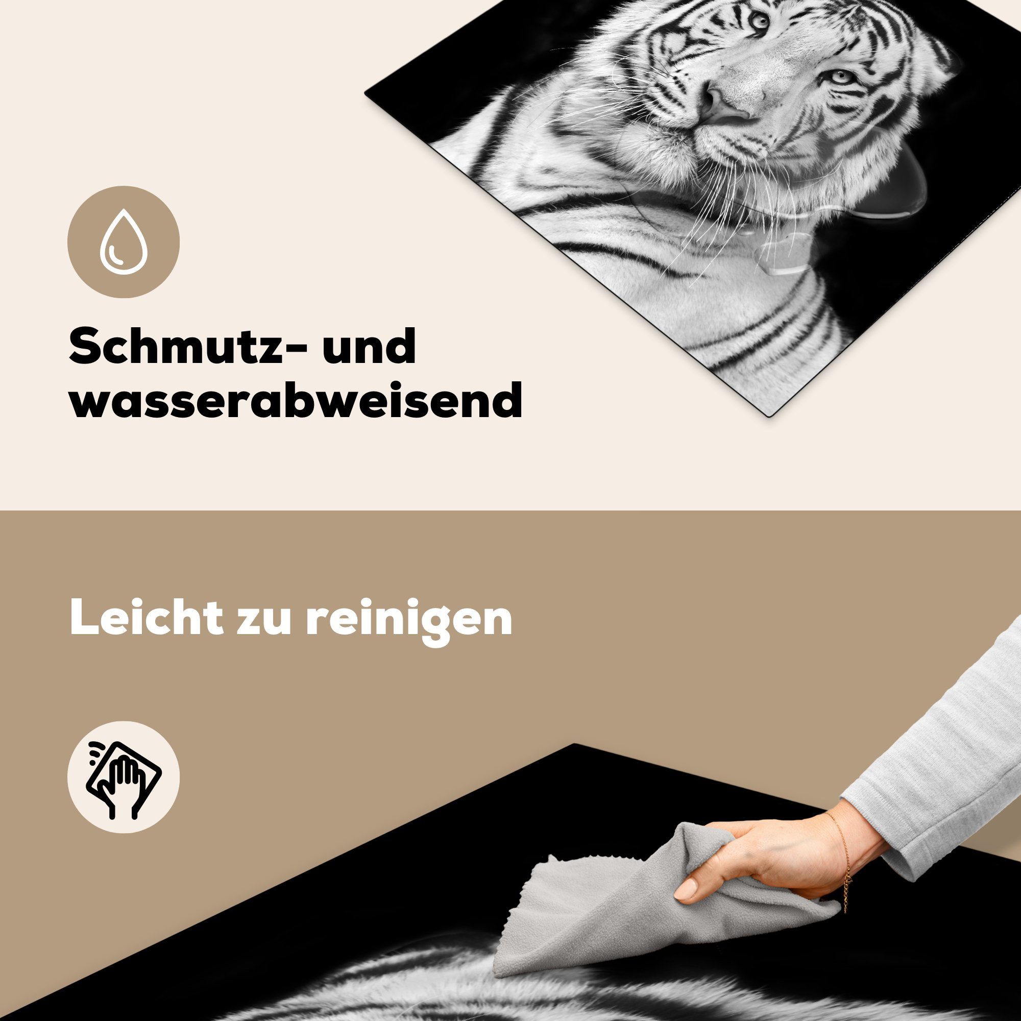 MuchoWow Herdblende-/Abdeckplatte Tiger tlg), (1 Weiß 57x51 - Porträt Ceranfeldabdeckung Induktionskochfeld, Tiere, cm, - Vinyl, Induktionsschutz, - Schwarz 