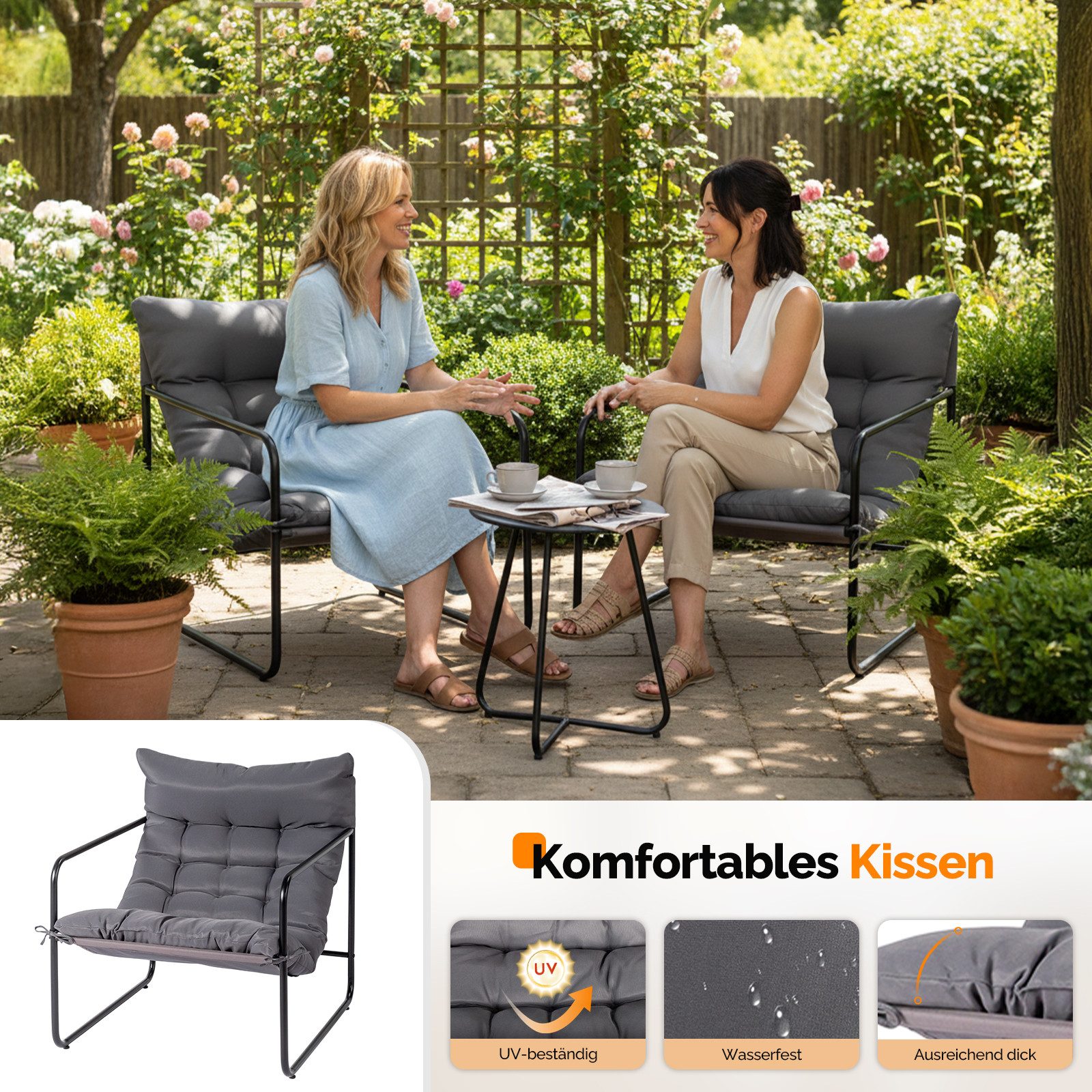 VINGLI Balkonset Gartenmöbel Set 3 teilig für Indoor und Outdoor, Grau/Weiß – Bild 4 von 5