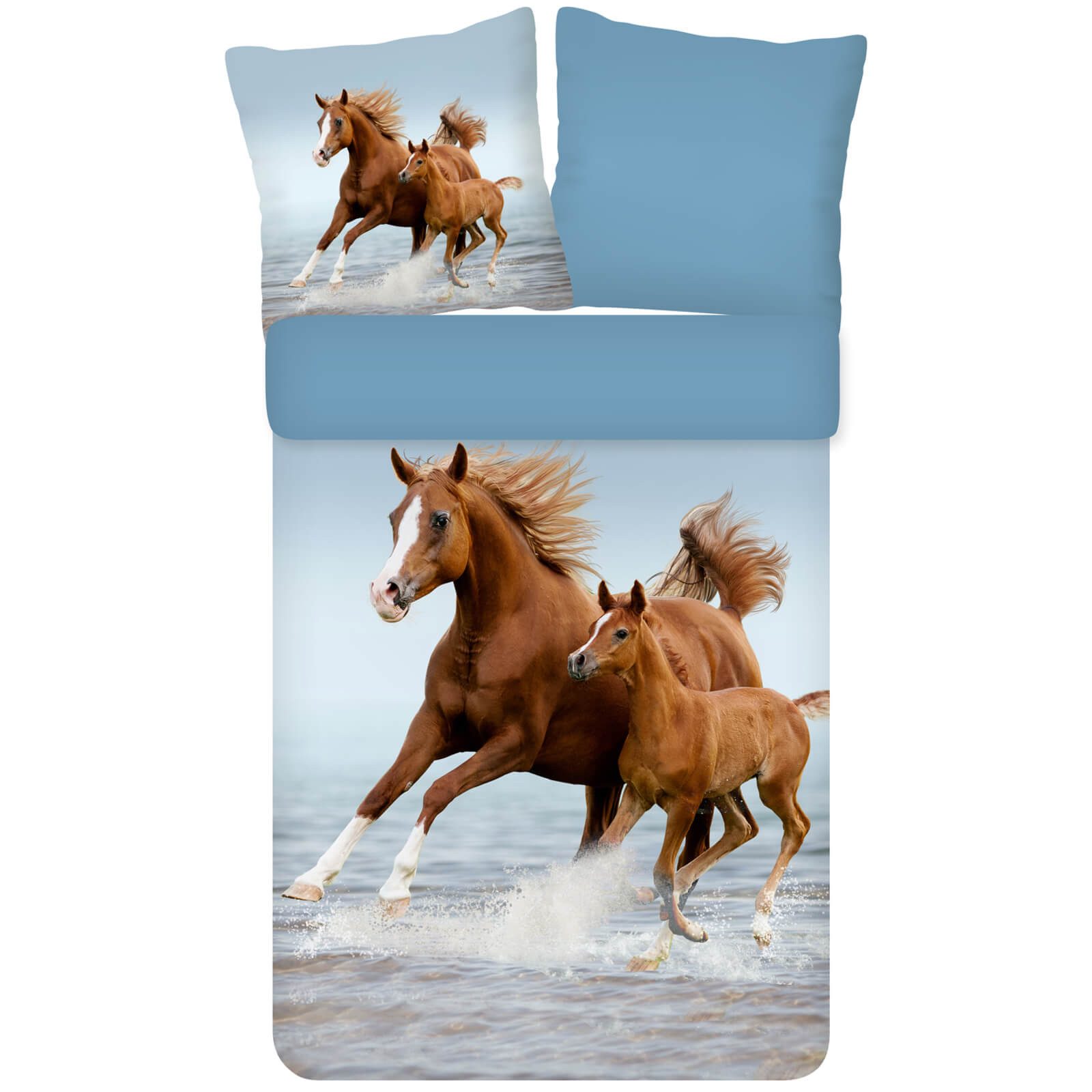 ESPiCO Kinderbettwäsche Wildpferde Trendy Bedding, Renforcé, 2 teilig, Wildpferd, Stute, Fohlen, Wasser
