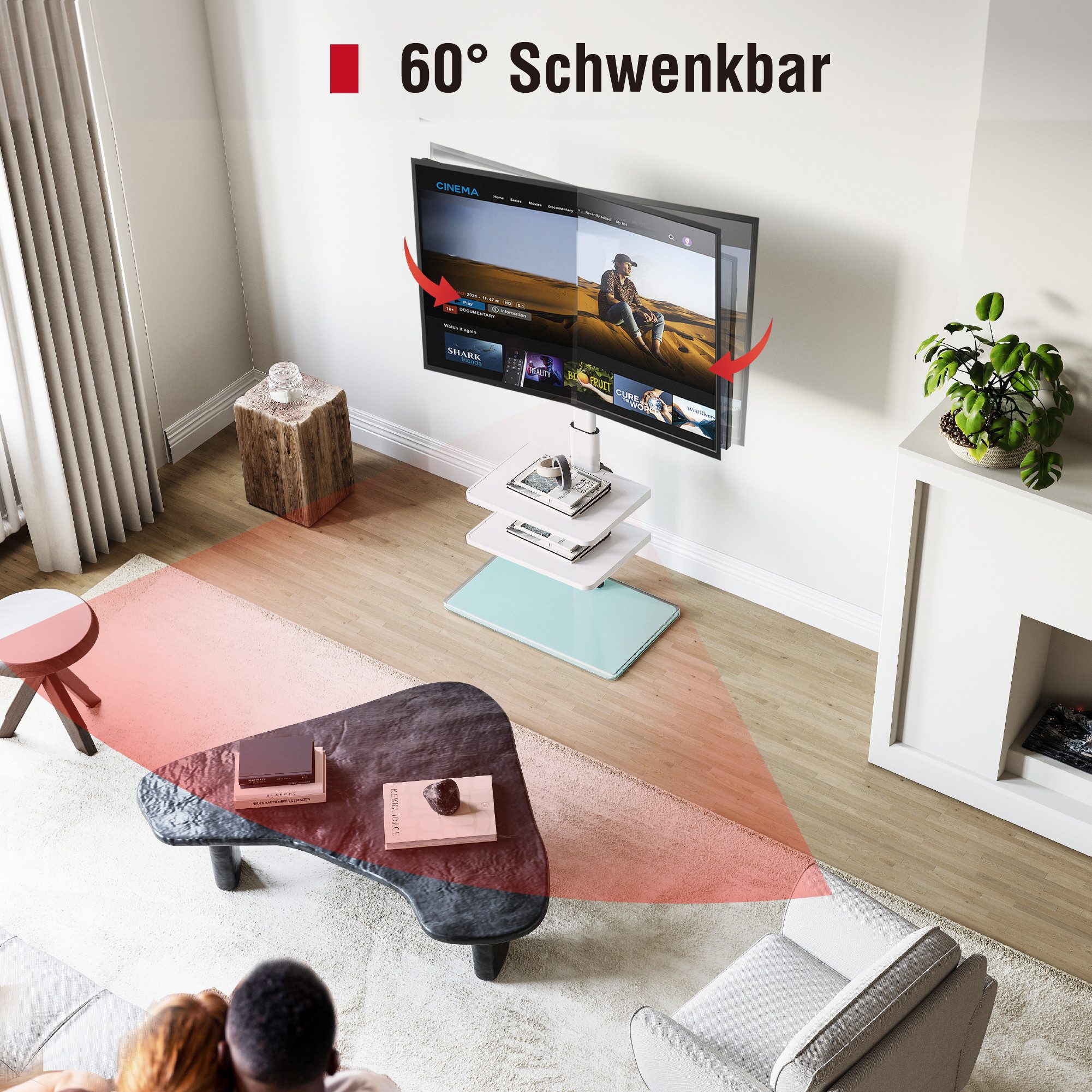 AOKCOS TV-Ständer höhenverstellbar, mit 2 Ablagen, 32-70 Zoll, (bis 70 Zoll, von 1095 mm bis 1350 mm hoch, ±30° schwenkabr, -2° - +10° neigbar)