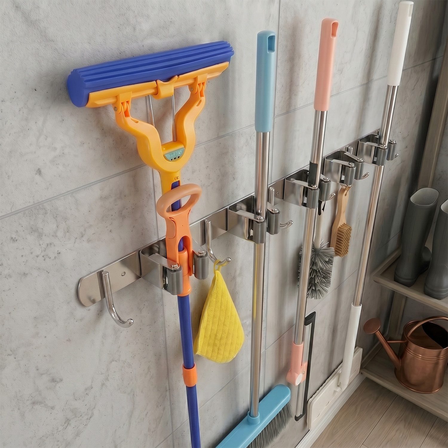 Maclean Wandhalterung MC-185 für Gartengeräte, Mops und Besen 20 kg 60 cm, (mit Haken, Edelstahl SUS304, Abstand zwischen den Haken: 115 mm)