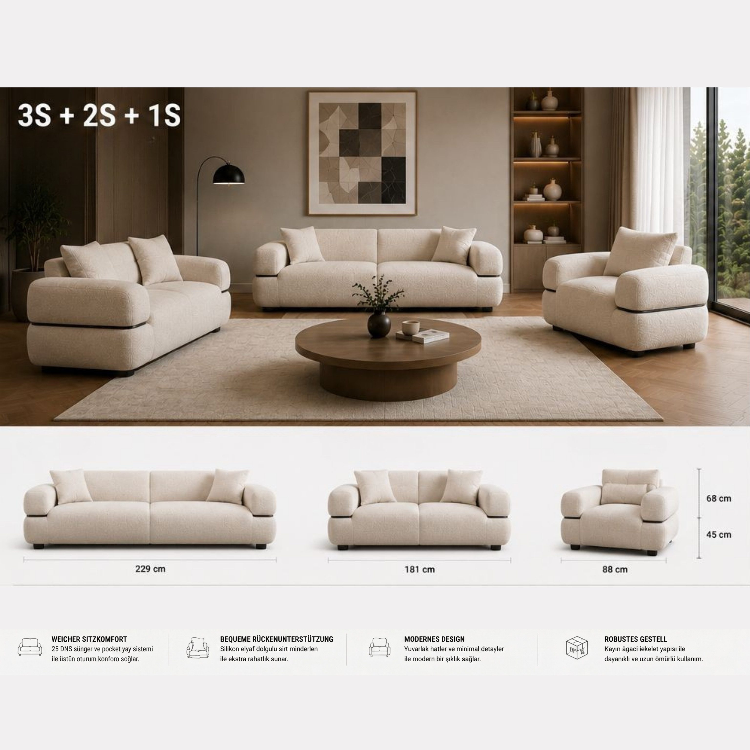 gowoll Sofa Polstergarnitur 3-2-1 (3 Sitzer Sofa + 2 Sitzer Sofa + Sessel), 3 Sitzer mit Relaxfunktion Wohnzimmer Möbel