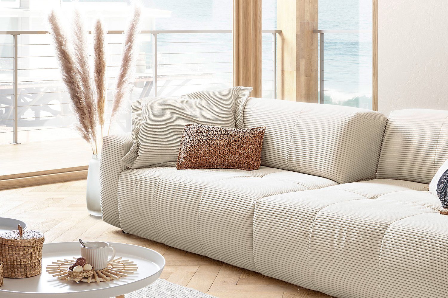 Sofa mit KAWOLA Cord Big versch. Farben cremeweiß PALACE, Sitztiefenverstellung 3-Sitzer