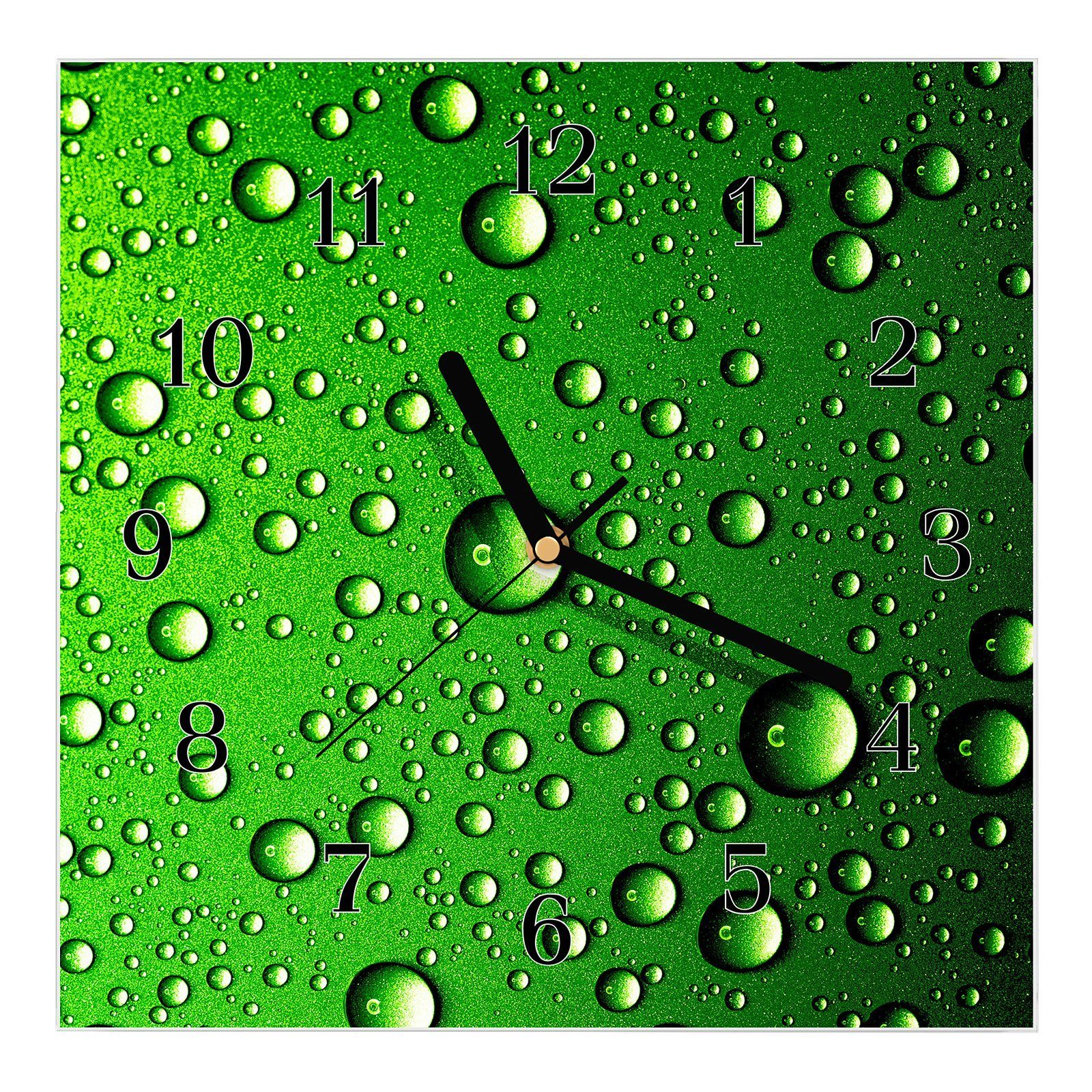 Primedeco Wanduhr Glasuhr Wanduhr Wandkunst Größe 30 x 30 cm mit Motiv Wassertropfen in grün