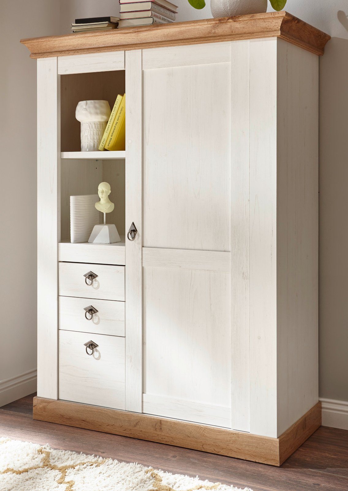 Furn.Design Stauraumvitrine Hemsby (Highboard in Pinie weiß mit Wotan Eiche, 102 x 139 cm) Landhausstil