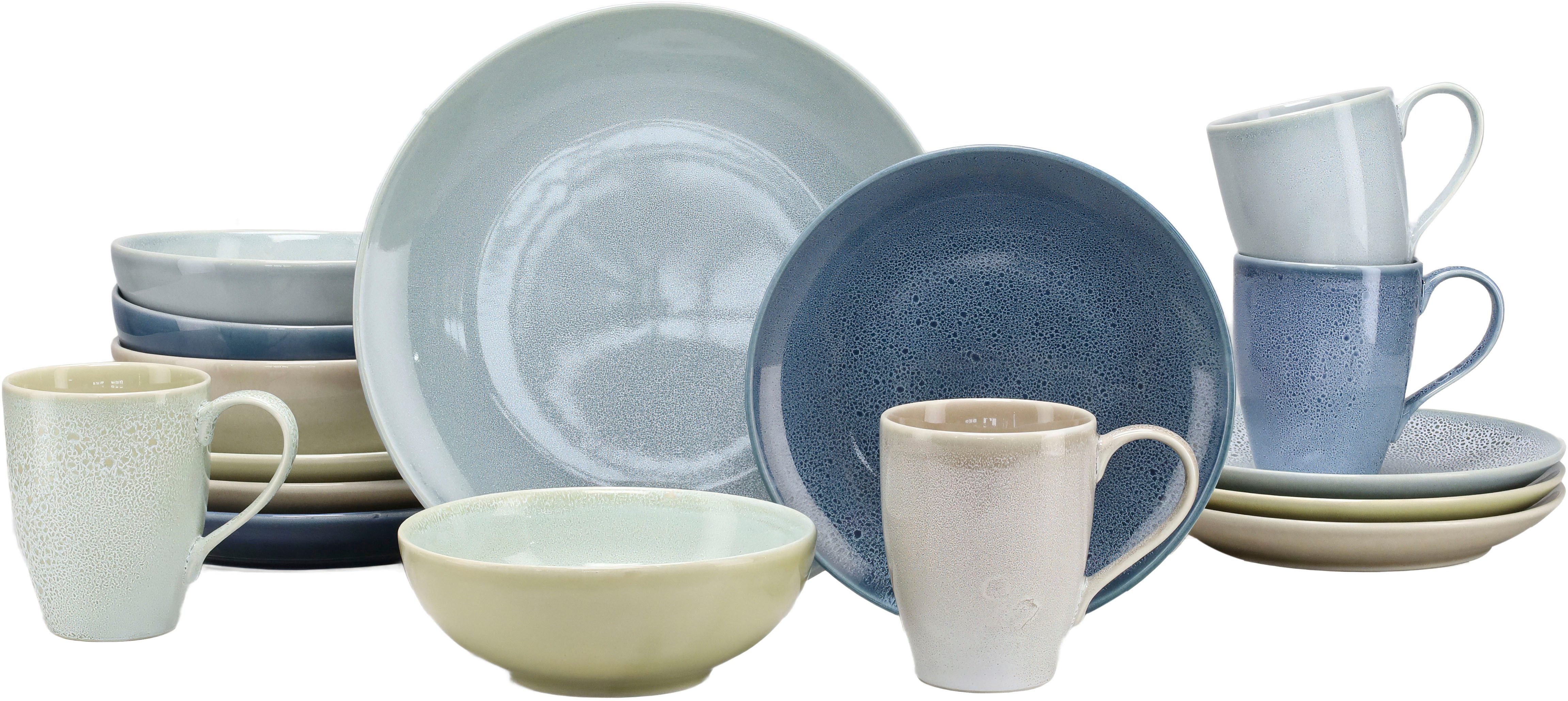 CreaTable Kombiservice Geschirr-Set Reactive (16-tlg), 4 Personen, Steinzeug, Service, Jedes Stück ist ein Unikat, 16 Teile, für 4 Personen
