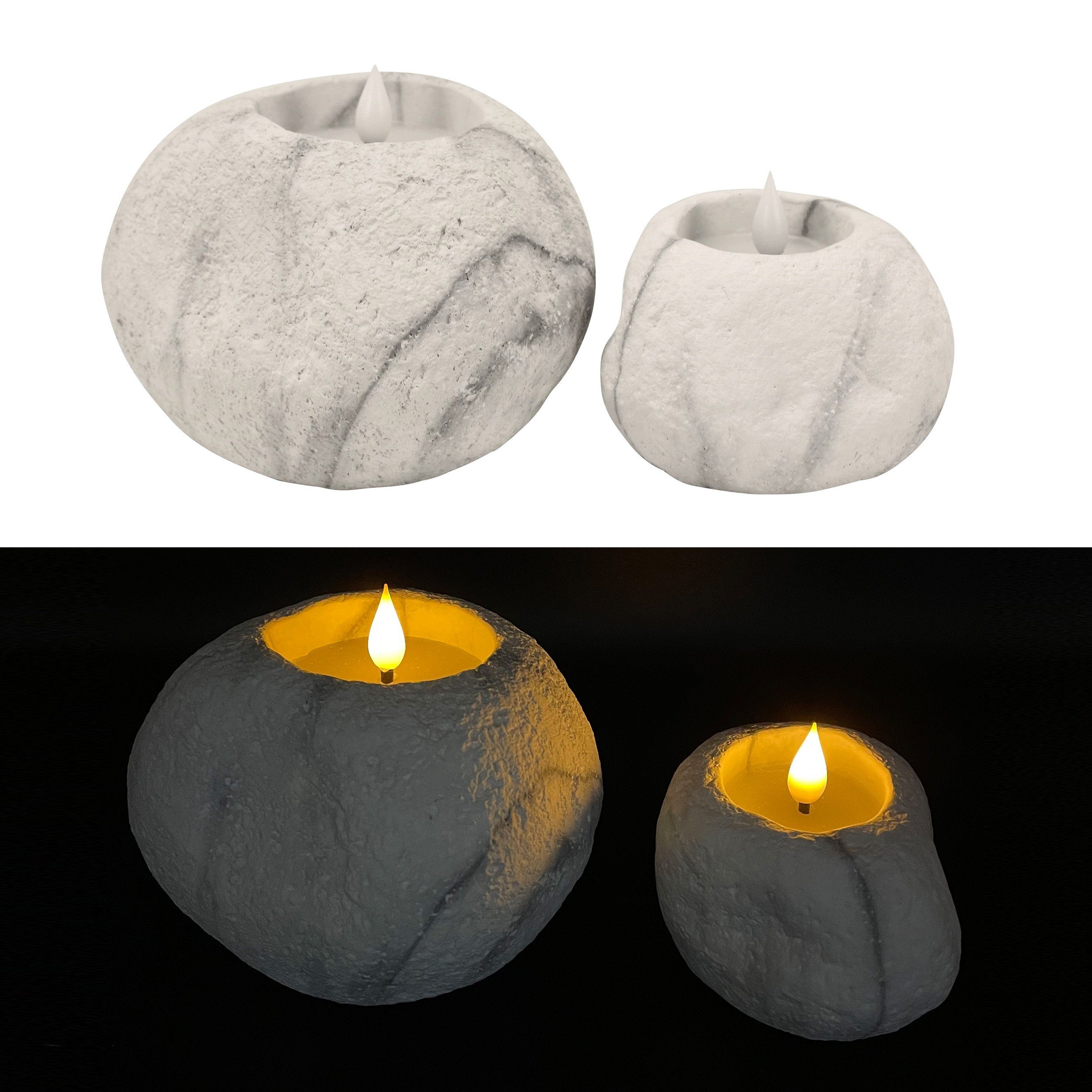 Online-Fuchs LED-Kerze 2er Set Kerzen in Steinform und Marmor-Optik (mit 6-Stunden-Timer), Maße der Kerzen ca. 7,5 x 7,5 cm und 10 cm hoch