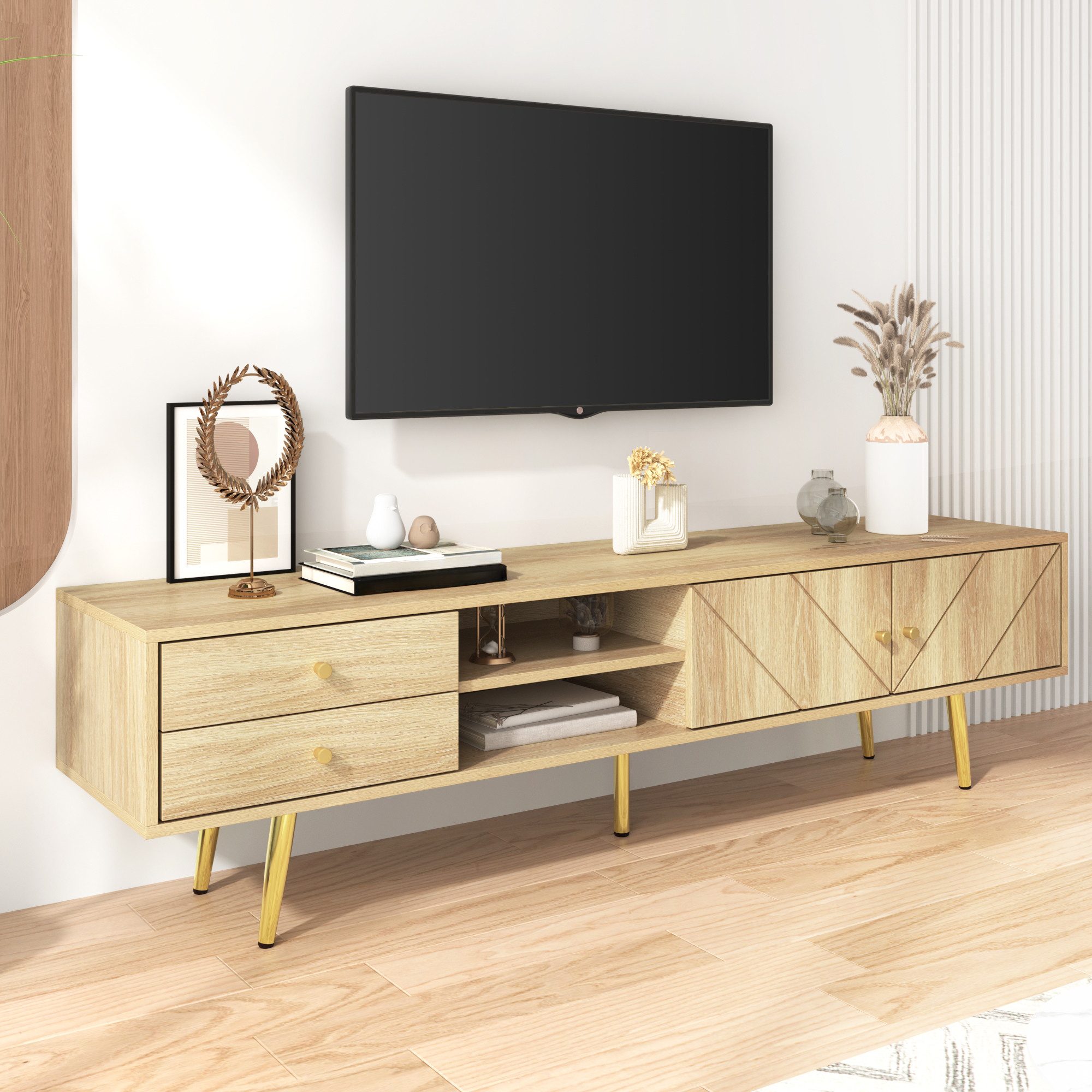 Merax Lowboard Holzoptik (1 St), TV-Schrank mit 2 Schubladen, Türen & Goldfüße, Breit: 160cm