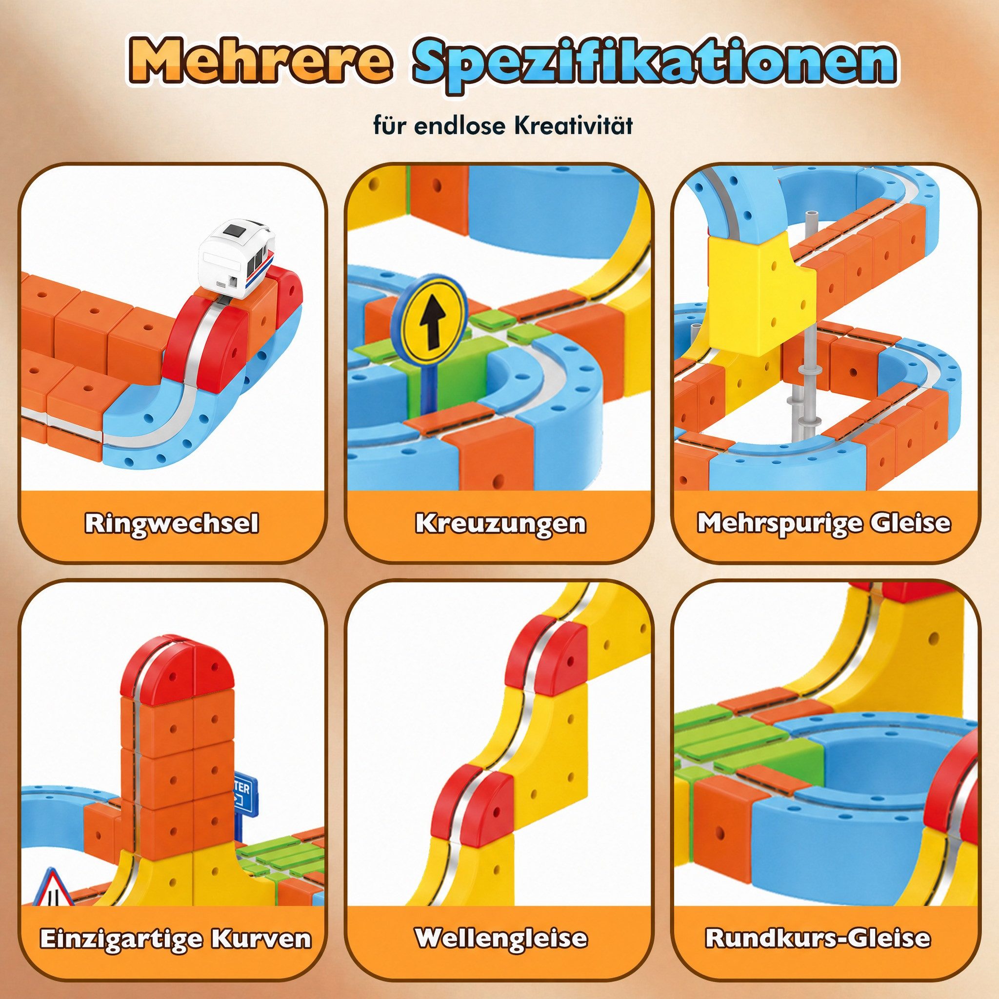 Wootoy Spielzeug-Eisenbahn Autorennbahn Lernspielzeug Zugbahn-Set Spielzeug-Zug mit USB-aufladbar, (mit Anti-Gravity-Technologie Saugnapf-Befestigung, 56-tlg., fördert Kreativität, logisches Denken und praktische Fähigkeiten), 3D-Streckensystem für Brücken, Kurven, Rampen und Rennstrecken