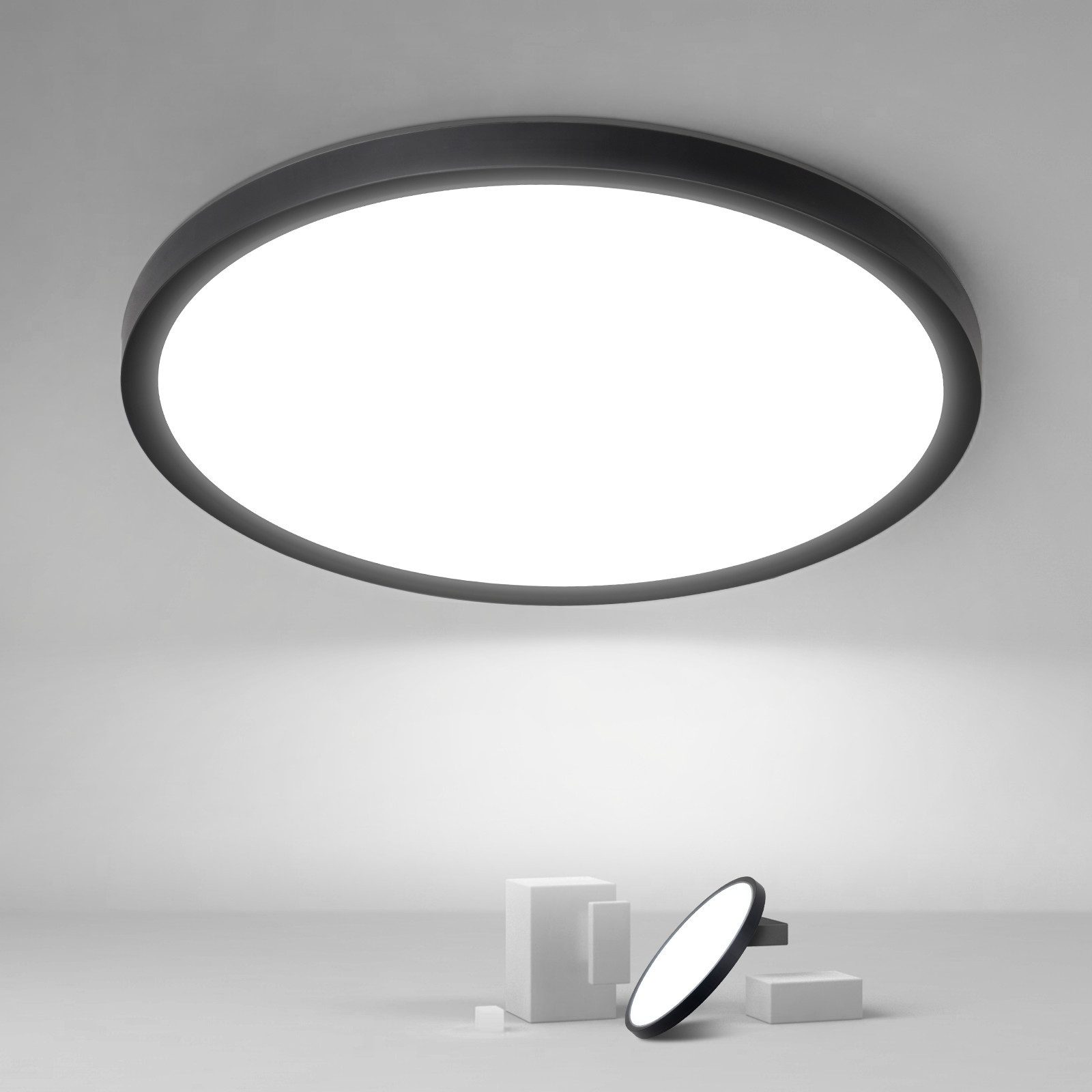 ZMH LED Deckenleuchte Wohnzimmer ∅18CM Schwarz/Weiß Schlafzimmerlampe 15W für Küche Flur, LED fest integriert, Kaltweiß, 6500K Flach Deckenlampe