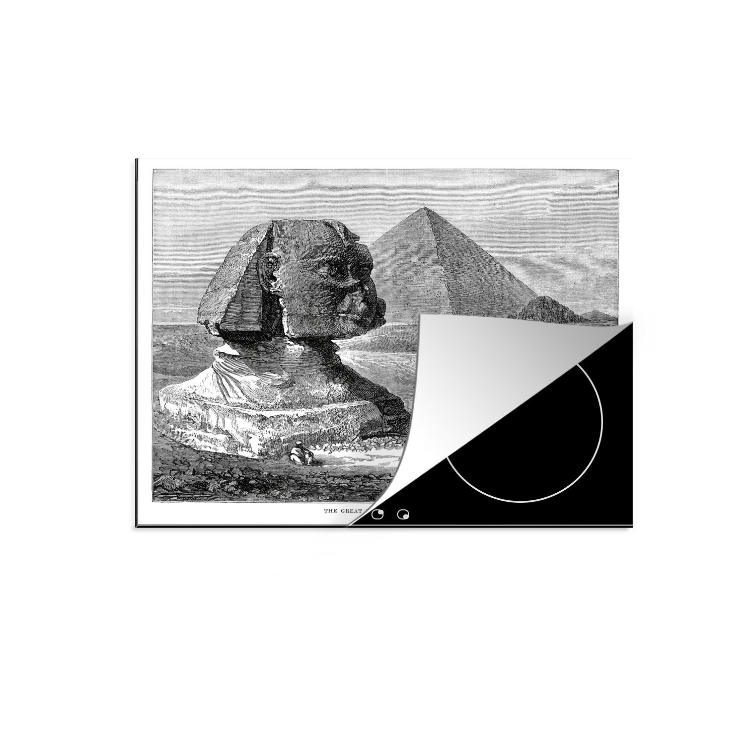 MuchoWow Herdblende-/Abdeckplatte Schwarz-Weiß-Abbildung der und der tlg), Vinyl, Mobile Ceranfeldabdeckung (1 Arbeitsfläche Sphinx Pyramide Gizeh cm, 60x52 in, von nutzbar