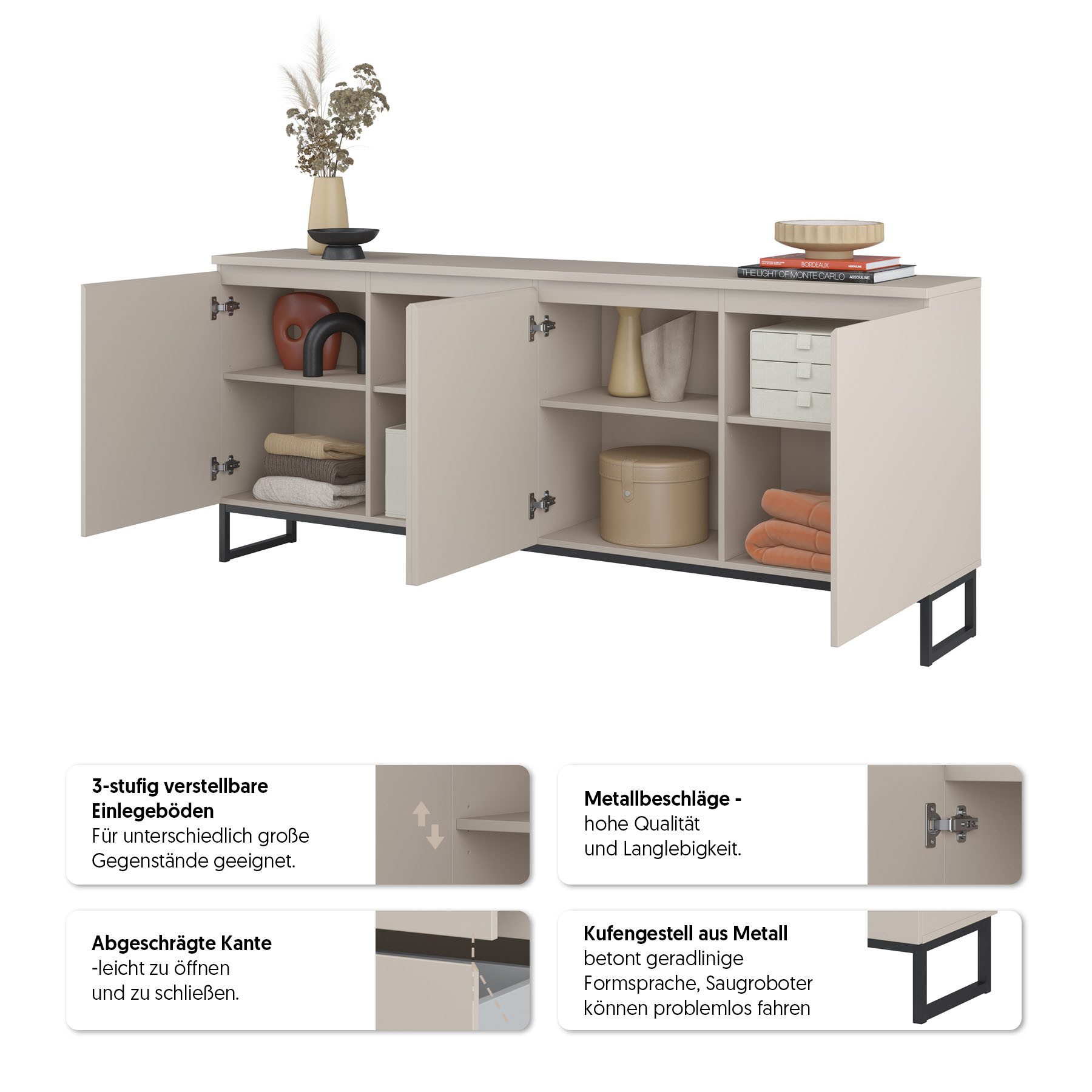 OTTO home Sideboard Modo II, Breite 200 cm, moderne grifflose Kommode 4Türen, Anrichte mit viel Stauraum, Einlegeböden verstellbar, Metallkufen