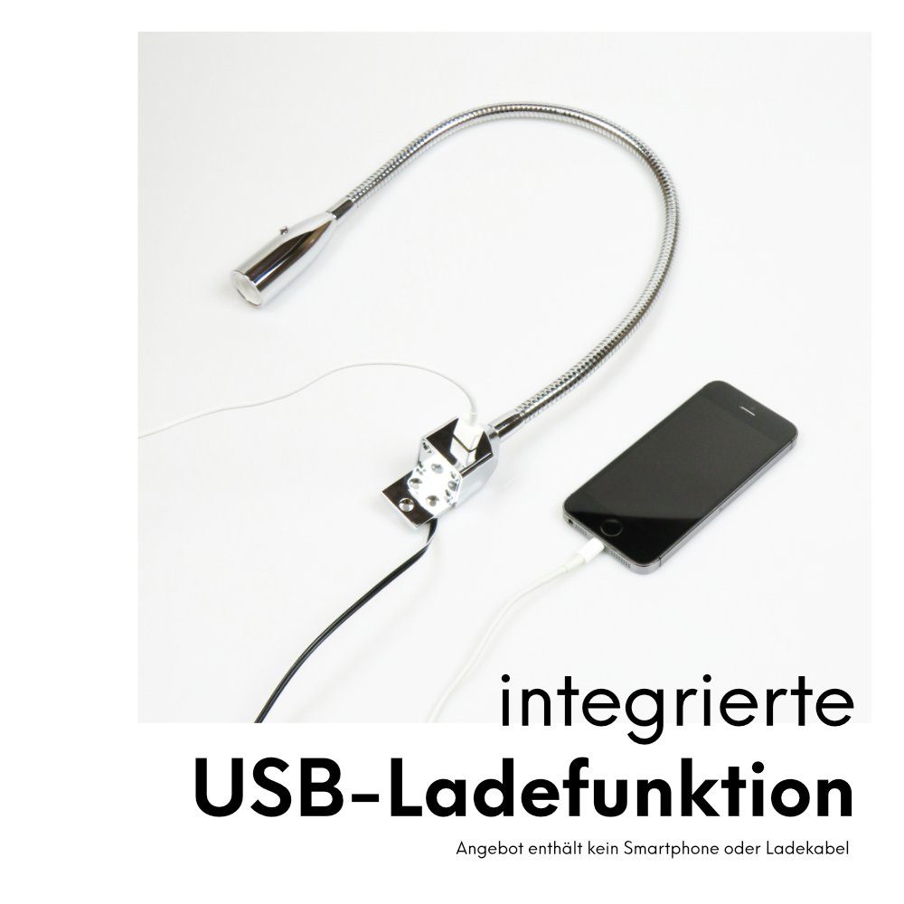 kalb Bettleuchte verchromt, inkl. warmweiß Leuchte USB LED Flexible chrom, Set Ladefunktion 1er