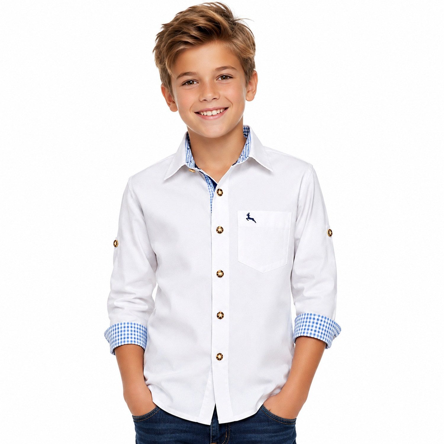 Isar-Trachten Trachtenhemd Kinderhemd 'Luis' Hirschmotiv 48202, Weiß Blau