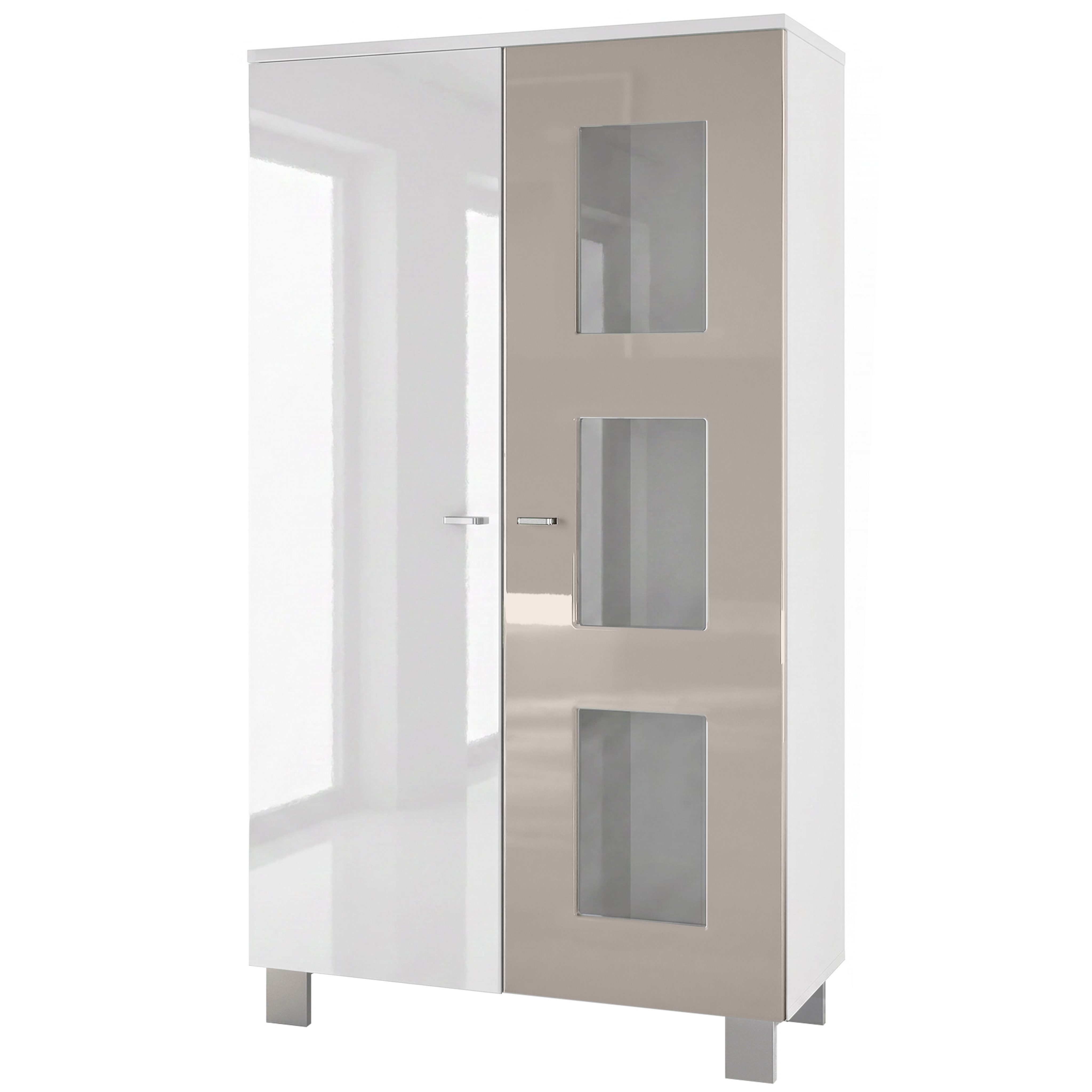 Vladon Standvitrine Denjo (Standvitrine, mit 2 Türen und 3 Glaseinsätzen) Weiß matt/ Weiß Hochglanz/ Sandgrau Hochglanz (71 x 129 x 35 cm)