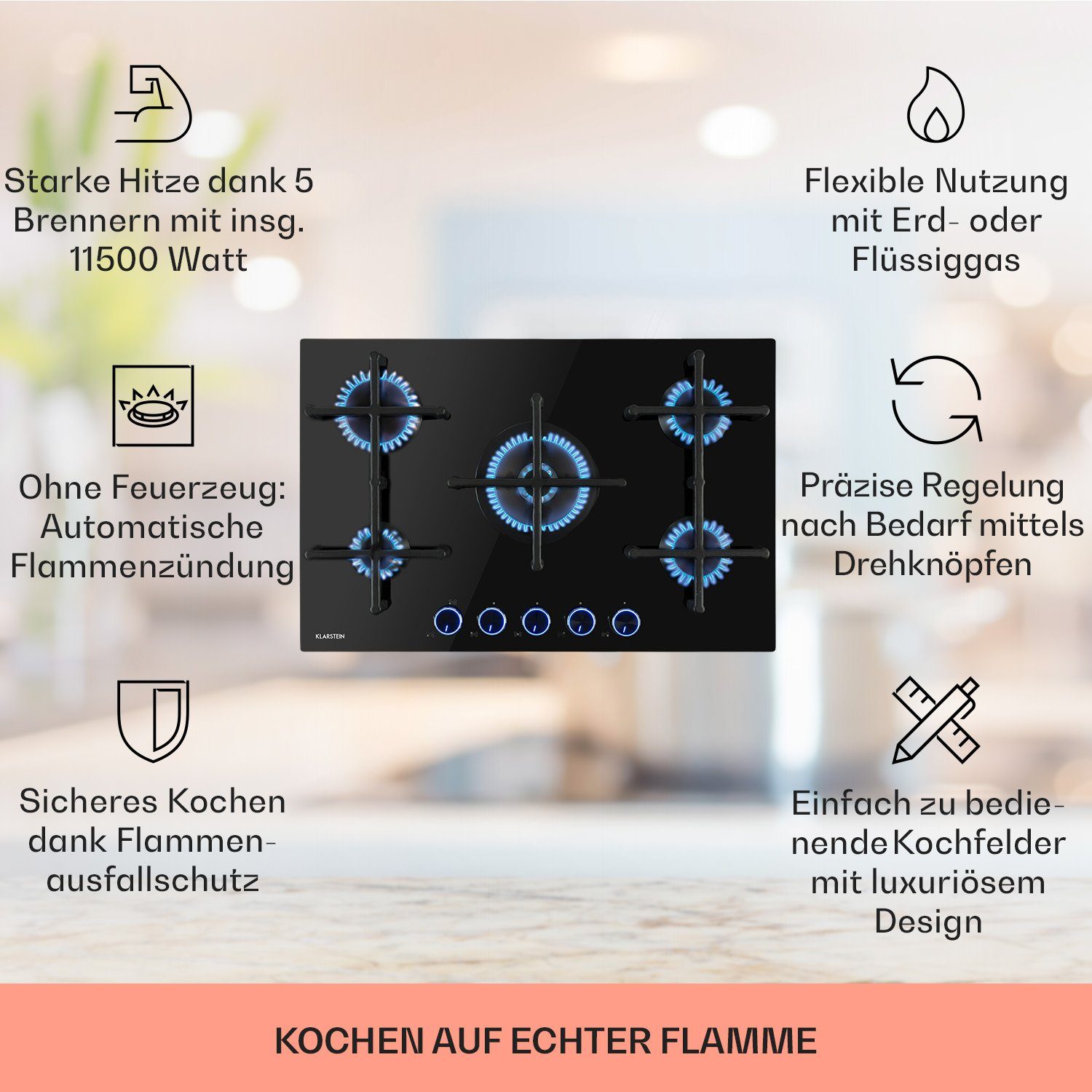 Klarstein Gas-Kochfeld Illuminosa 5, Gaskochfeld 5-flammig Sabaf-Brenner Glaskeramik