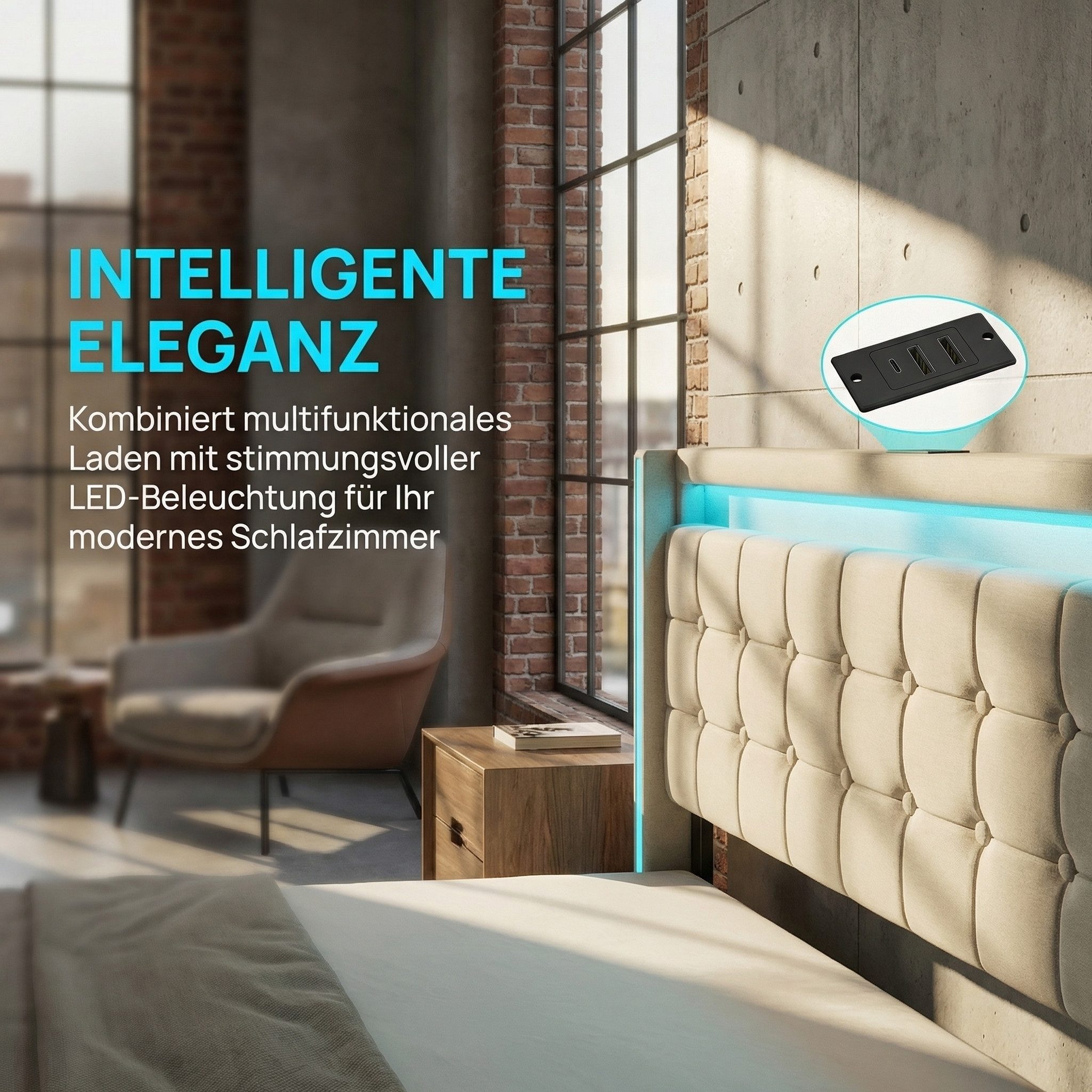 Furnishings Home Polsterbett LED Doppelbett 140x200cm, Stauraumbett mit Kopfteil und 4 Schubladen (Leinenmaterial Polsterbett mit RGB Beleuchtung), mit Lattenrost und Ladefunktion, mit Komforthöhe, Leises Design Bett