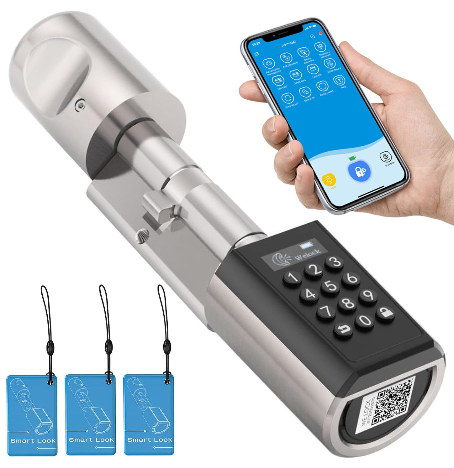 WE.LOCK Türschlossantrieb WELOCK Elektronisches Türschloss PCB11EBL41 für 50-100mm Türen, (Packung, Smartes türschloss x1, RFID-Karte x3, Anleitung x1, Zubehörbox x1), Passwort, RFID-Karte, APP, USB-Entsperrung, 5-Minuten-Installation