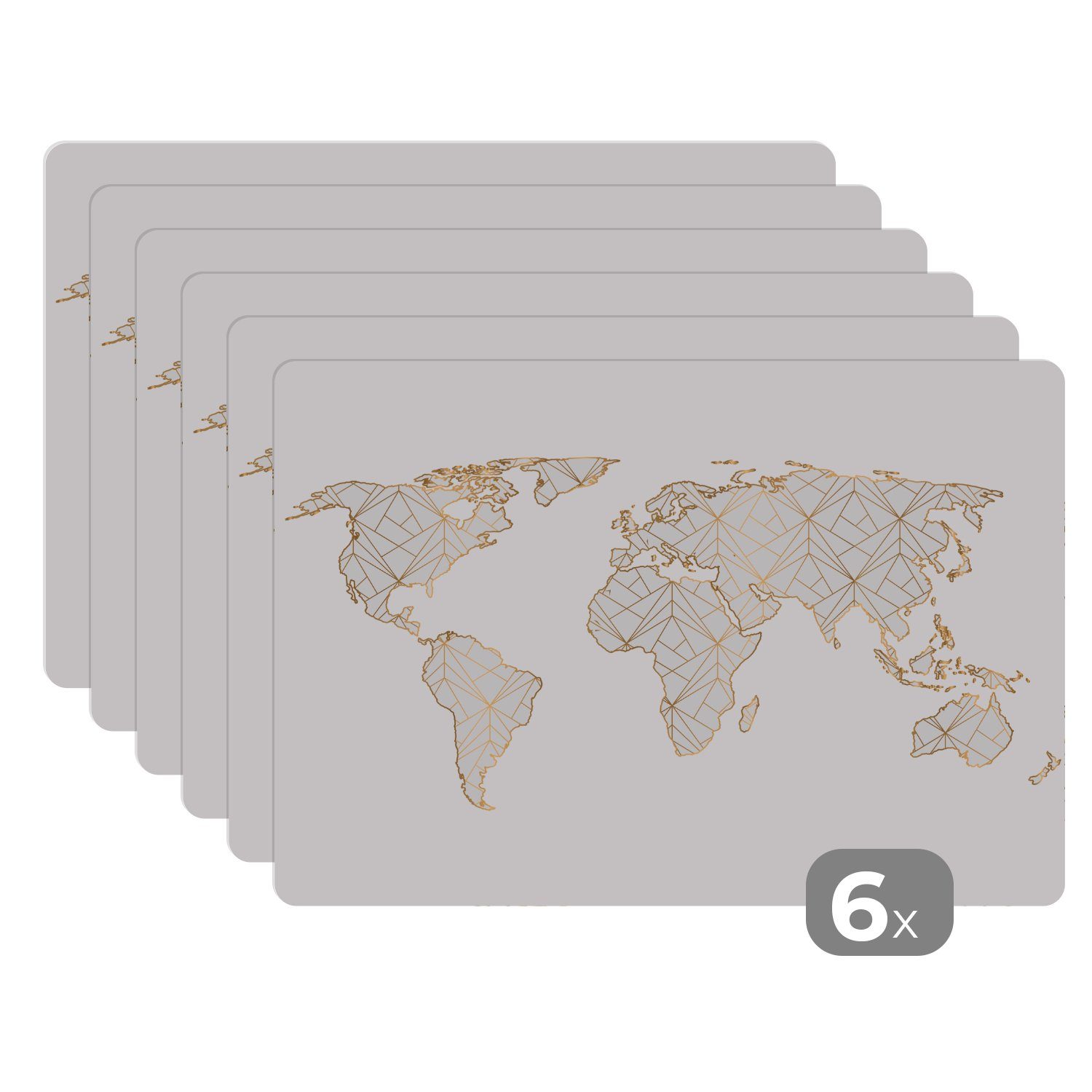 Platzset, Weltkarte - Linien - Gold, MuchoWow, (6-St), Platzset, Platzdecken, Platzmatte, Tischmatten, Schmutzabweisend