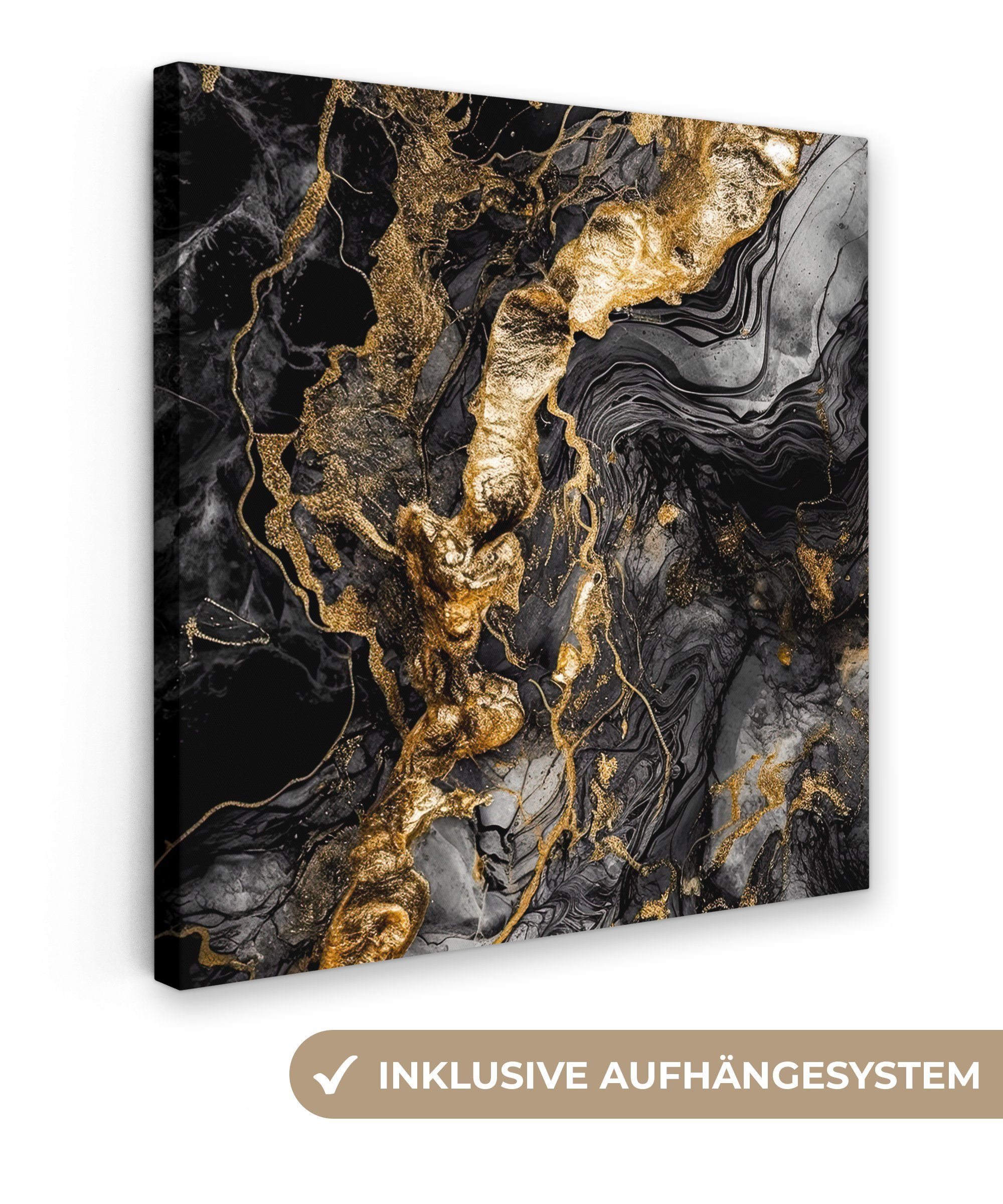 OneMillionCanvasses® Leinwandbild Marmor - Schwarz - Gold - Abstrakt, (1 St), Leinwand Bilder für Wohnzimmer Schlafzimmer, 20x20 cm