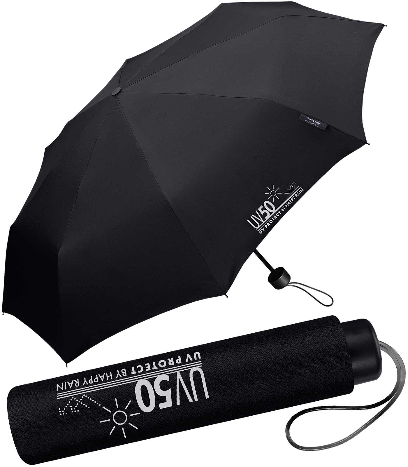 HAPPY RAIN Taschenregenschirm UV-Protect UV50 Super-Mini-Schirm mit Sonnenschutz, schützt vor Sonne und Regen schwarz