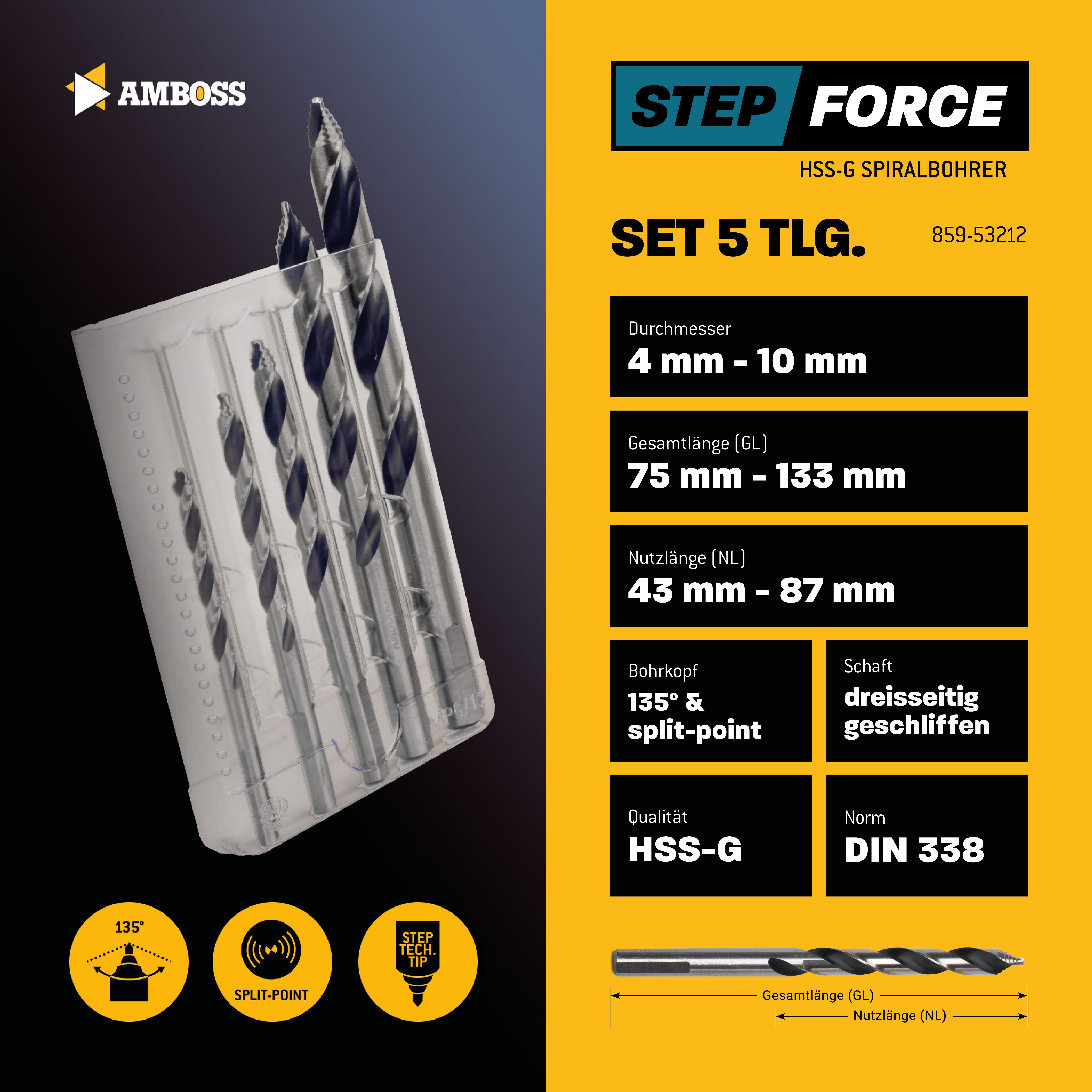 Amboss Werkzeuge Spiralbohrer 5-tlg. Step Force Set Spiralbohrer HSS-G DIN 338 – Bild 4 von 5