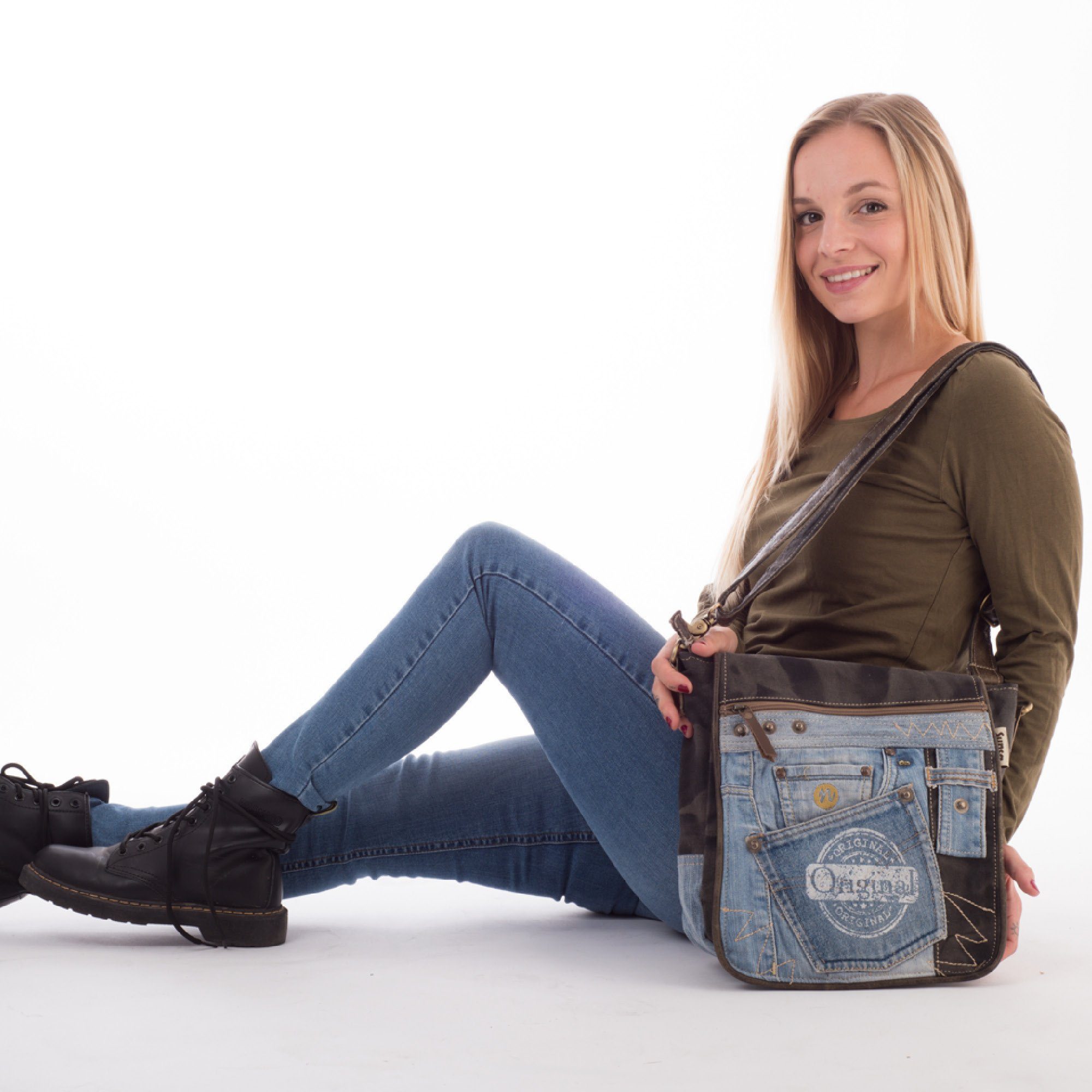 Schultertasche recycelten Sunsa Tasche Ihn. Messenger und Messenger mit der recycelten schwarzes Materialien für Umhängetasche Canvas. Handyfach Große unter Sie/ aus Jeans Aus Bag Frontklappe,